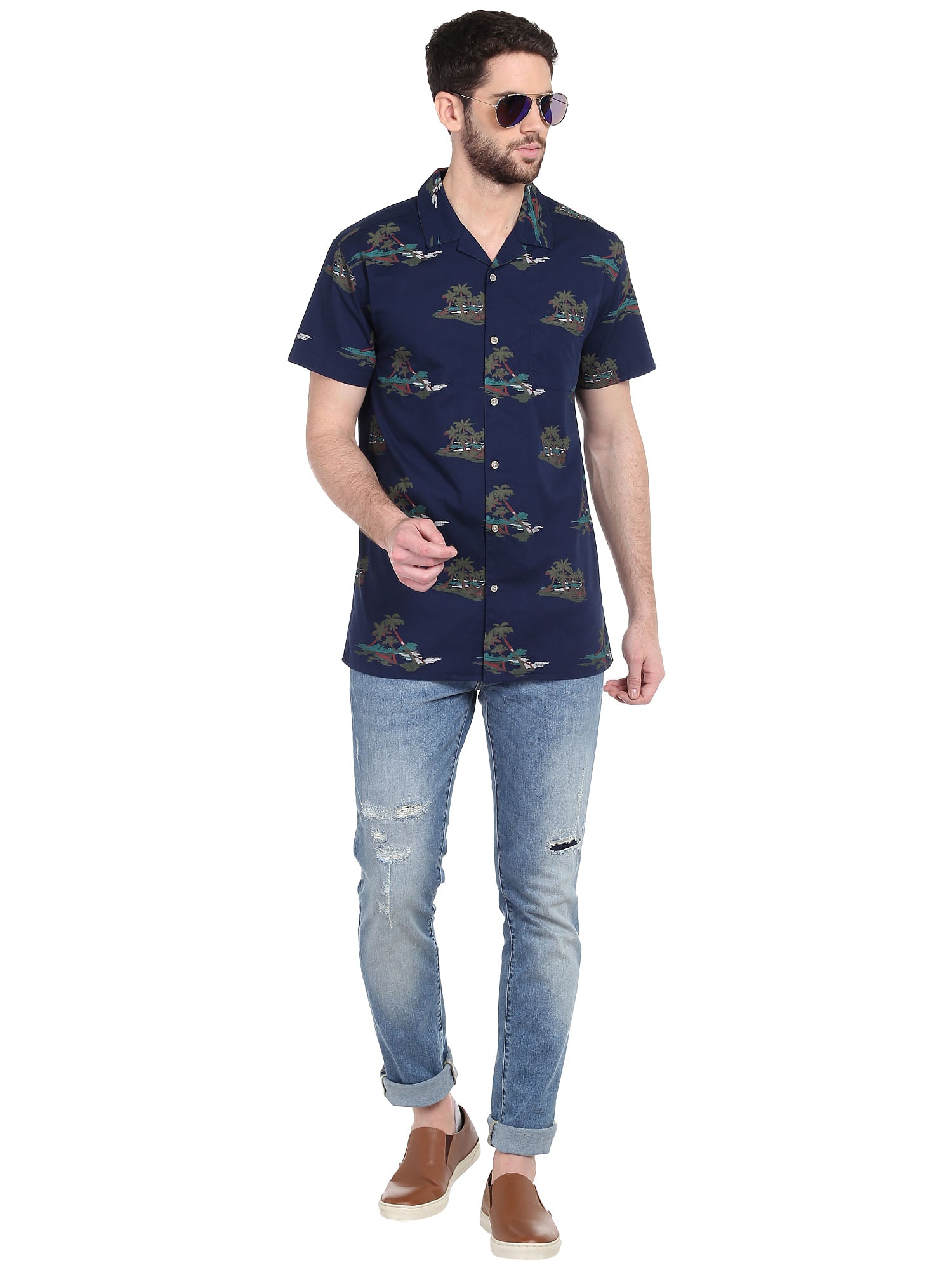 Dark Blue Palm Print Shirt