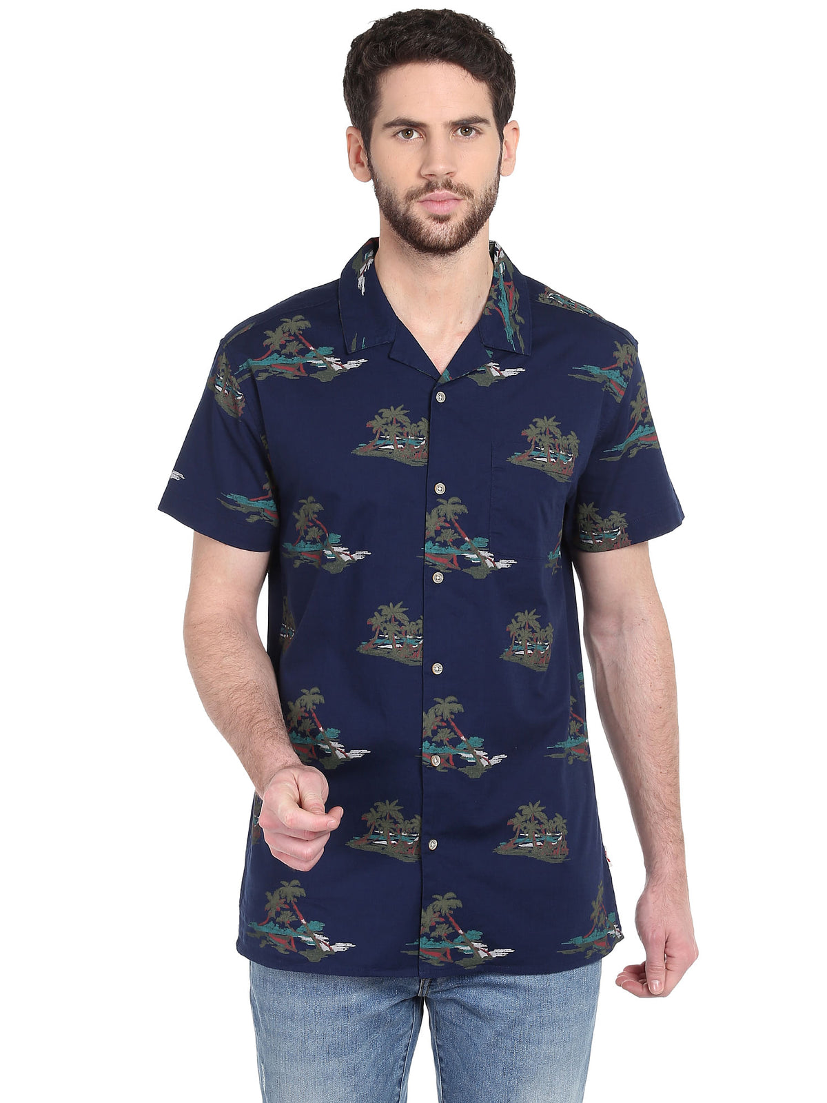 Dark Blue Palm Print Shirt - S