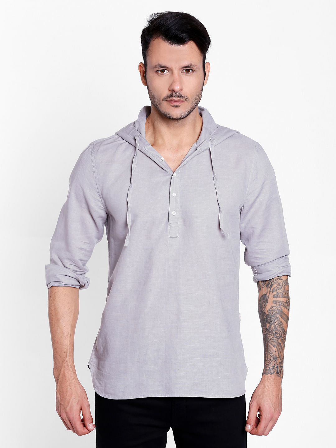 Grey Linen Hoodie Shirt - S