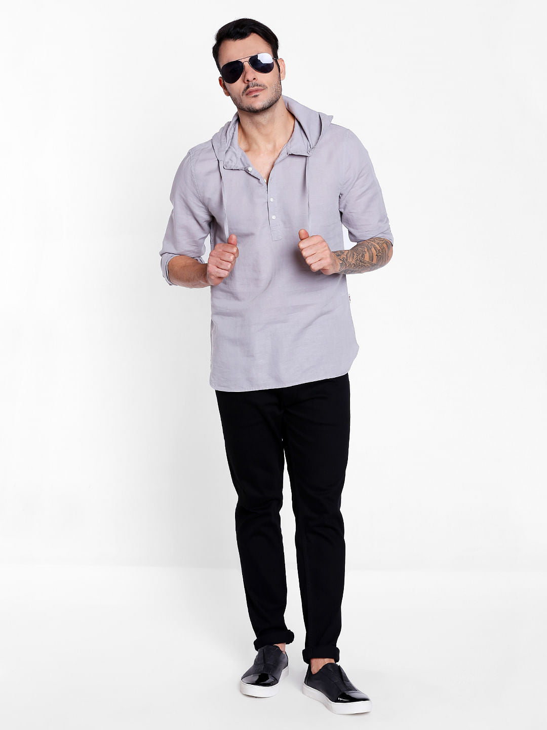 Grey Linen Hoodie Shirt