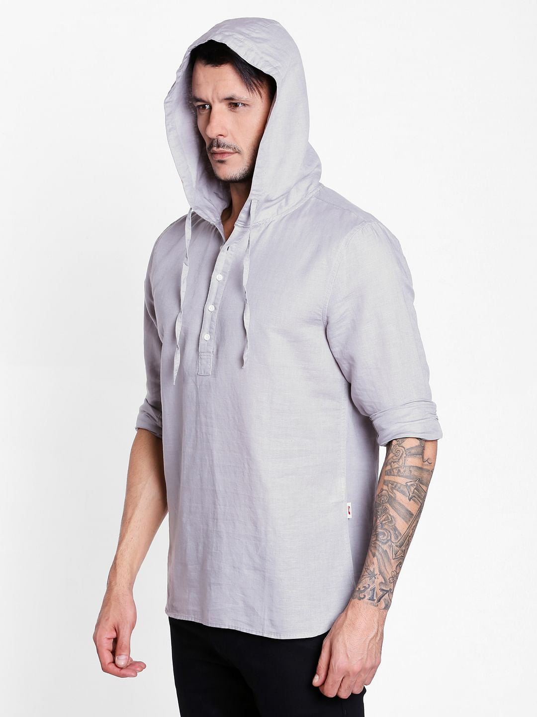 Grey Linen Hoodie Shirt