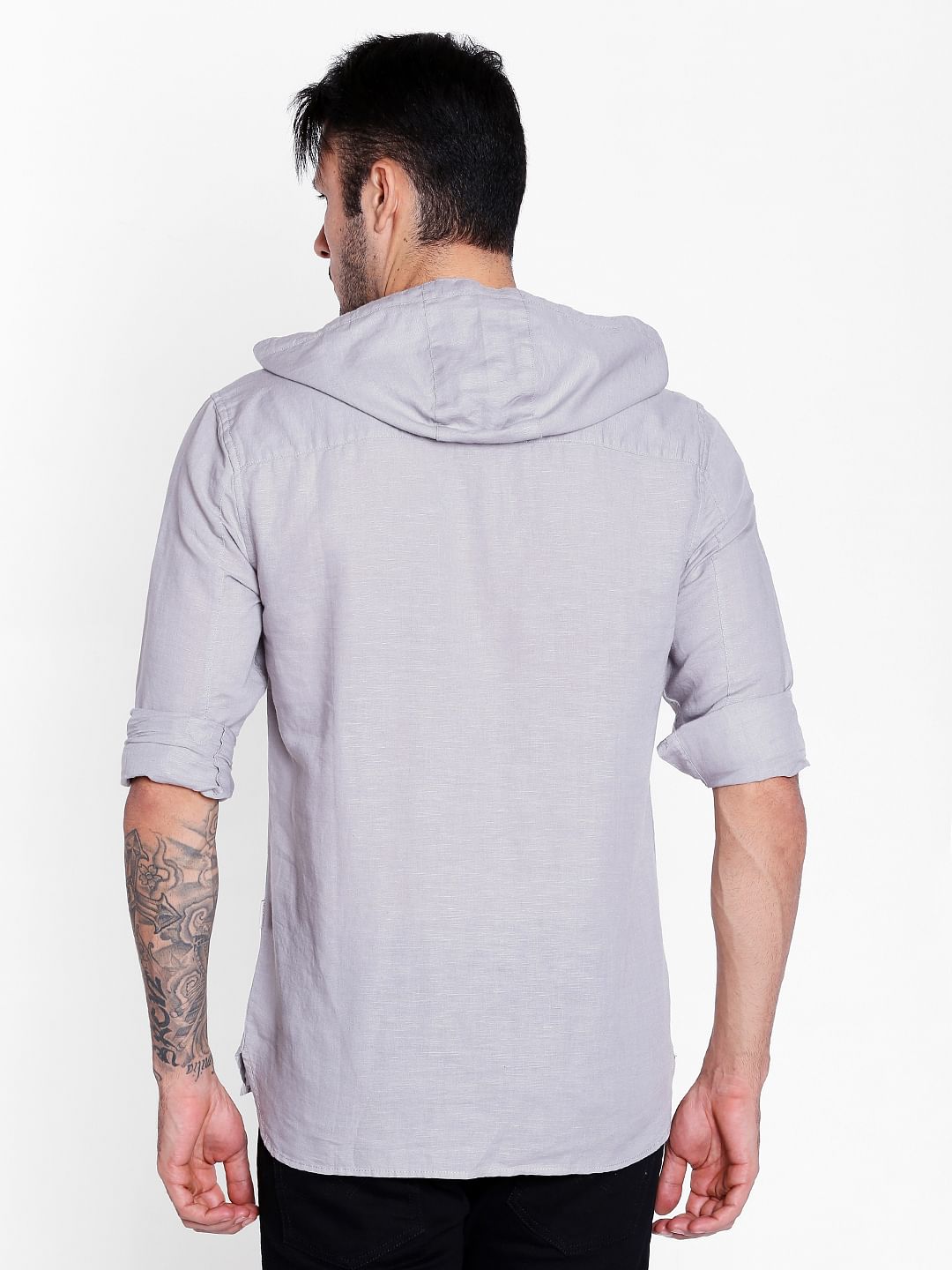 Grey Linen Hoodie Shirt