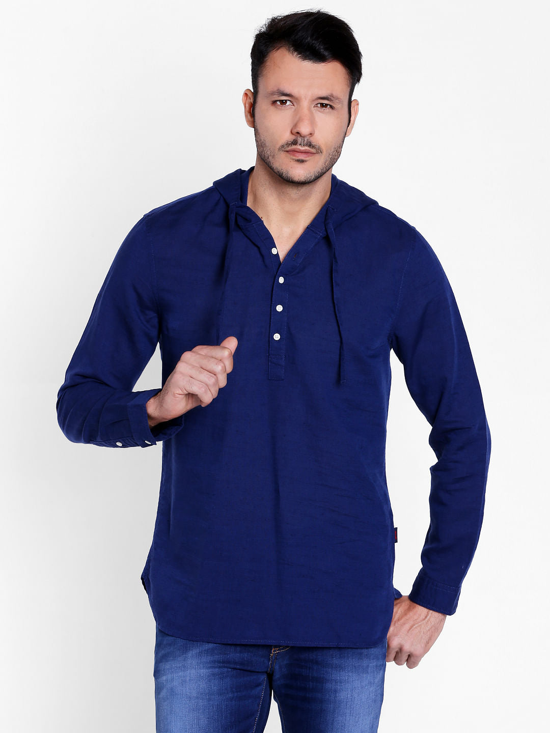 Dark Blue Linen Hoodie Shirt