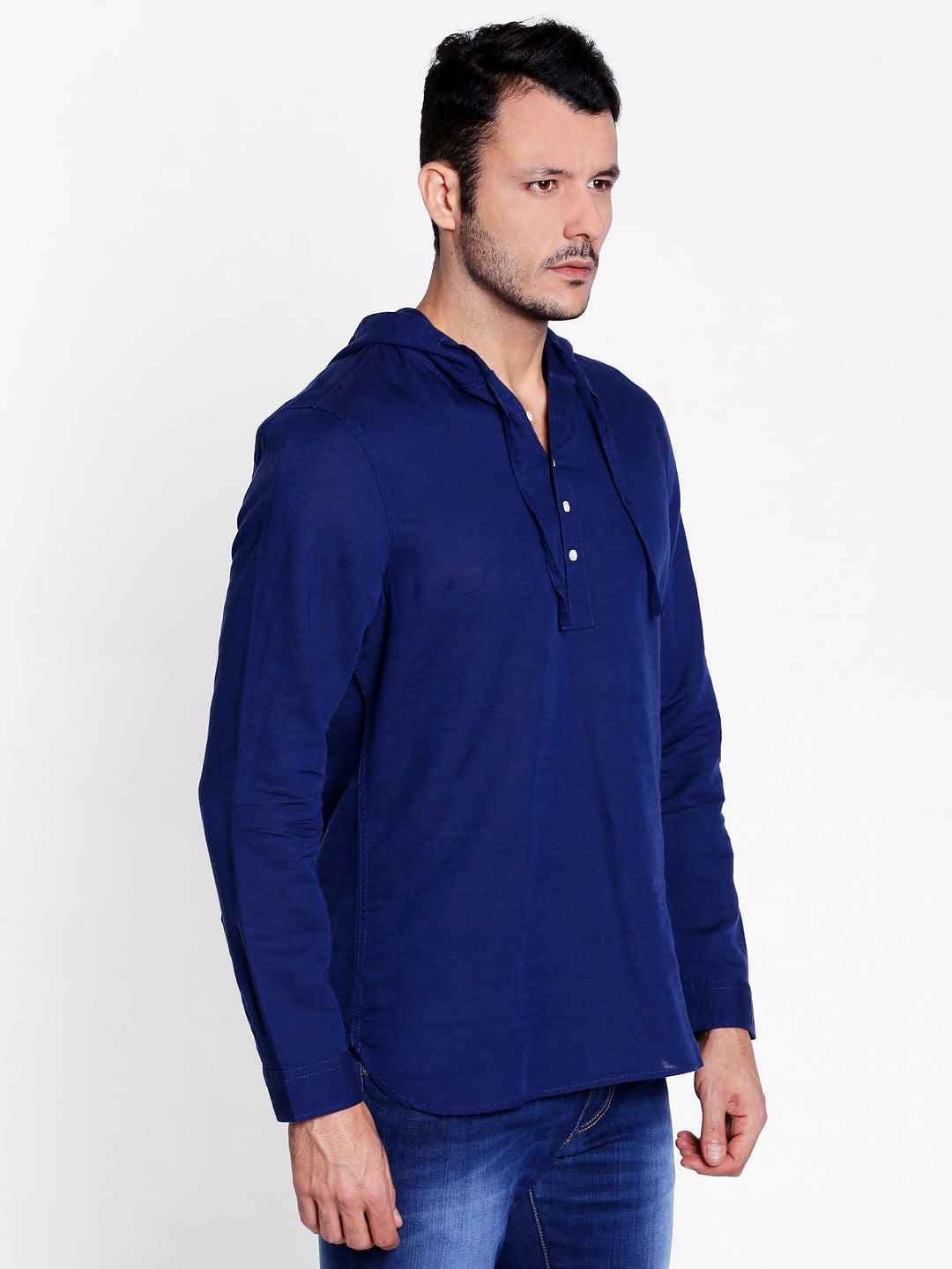 Dark Blue Linen Hoodie Shirt