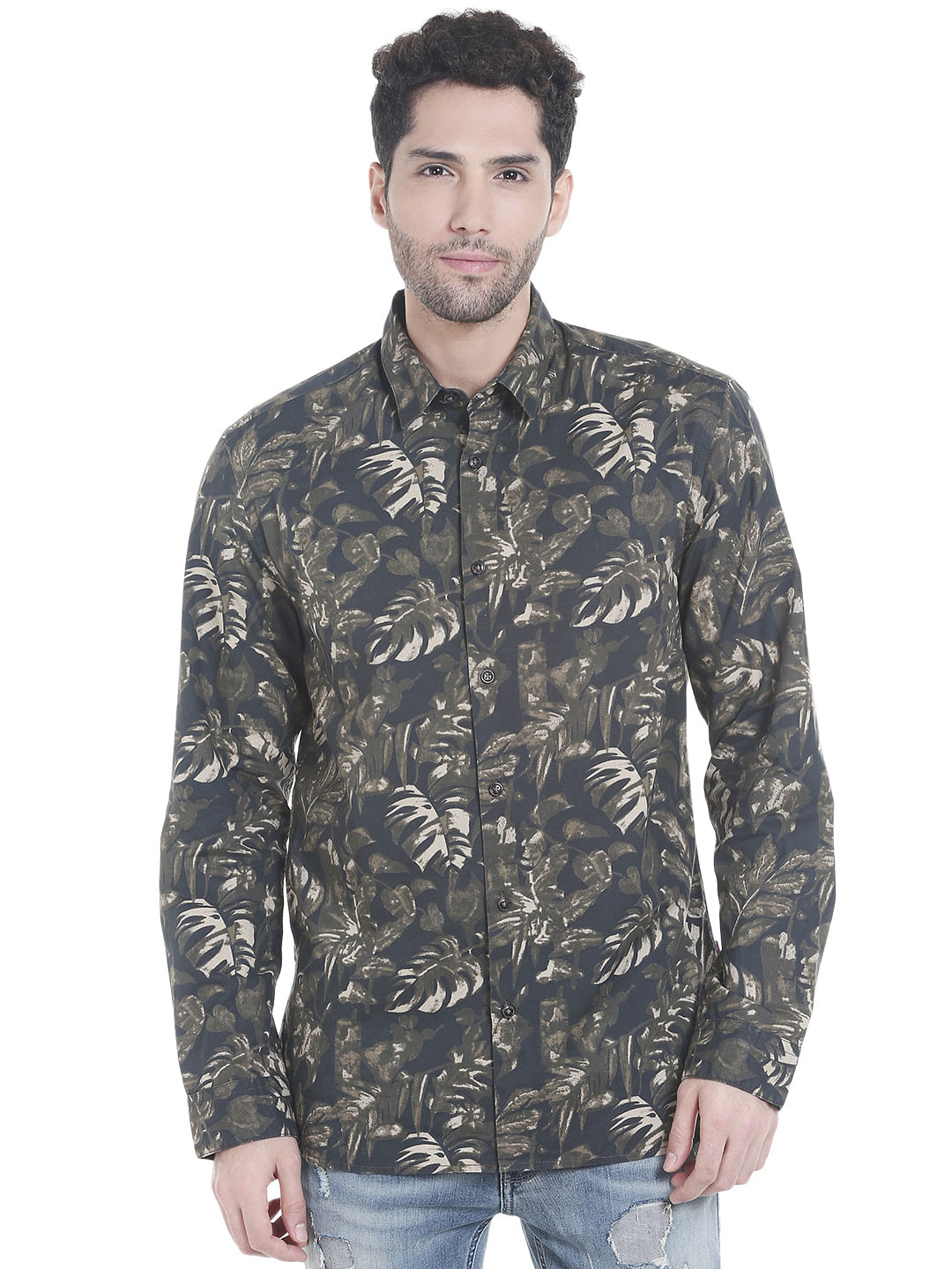 Black Tropical Print Long Sleeves Shirt - S