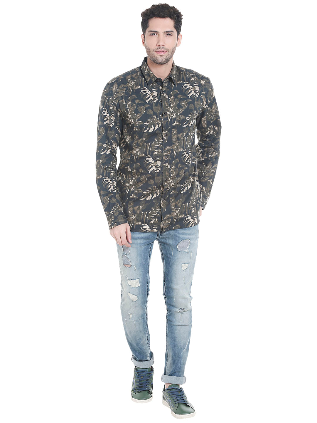 Black Tropical Print Long Sleeves Shirt