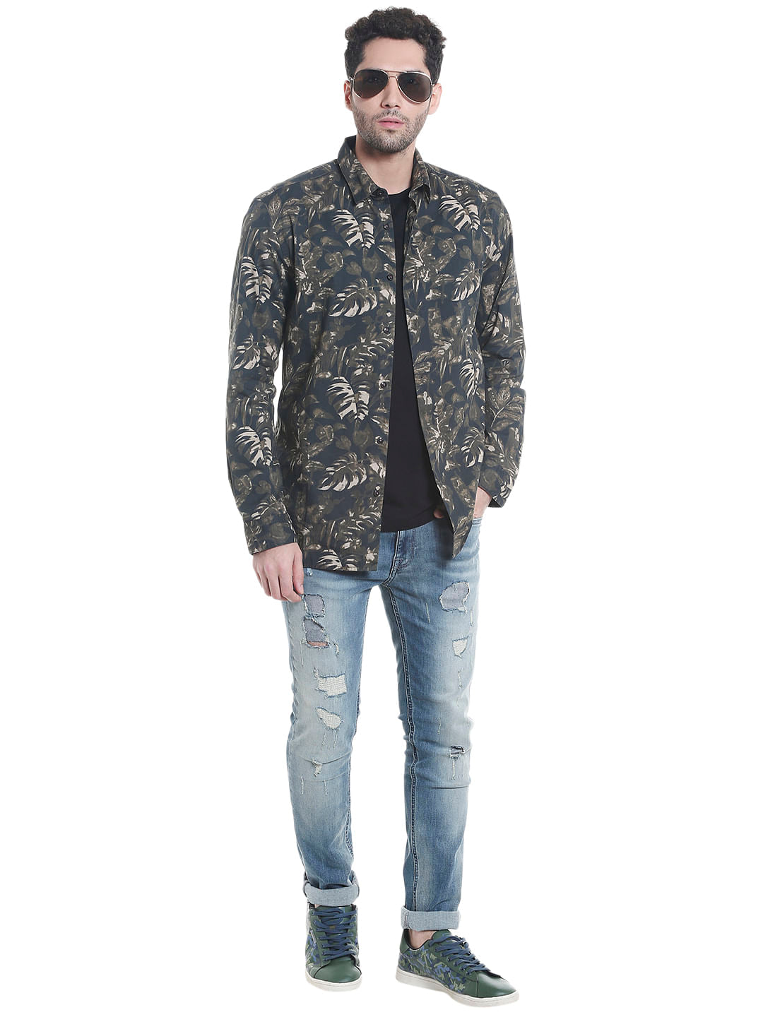 Black Tropical Print Long Sleeves Shirt