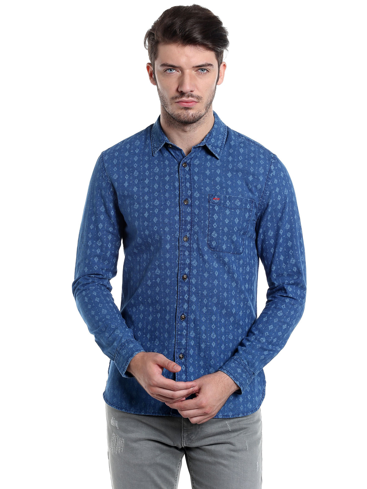 Blue Printed Slim Fit Shirt - S