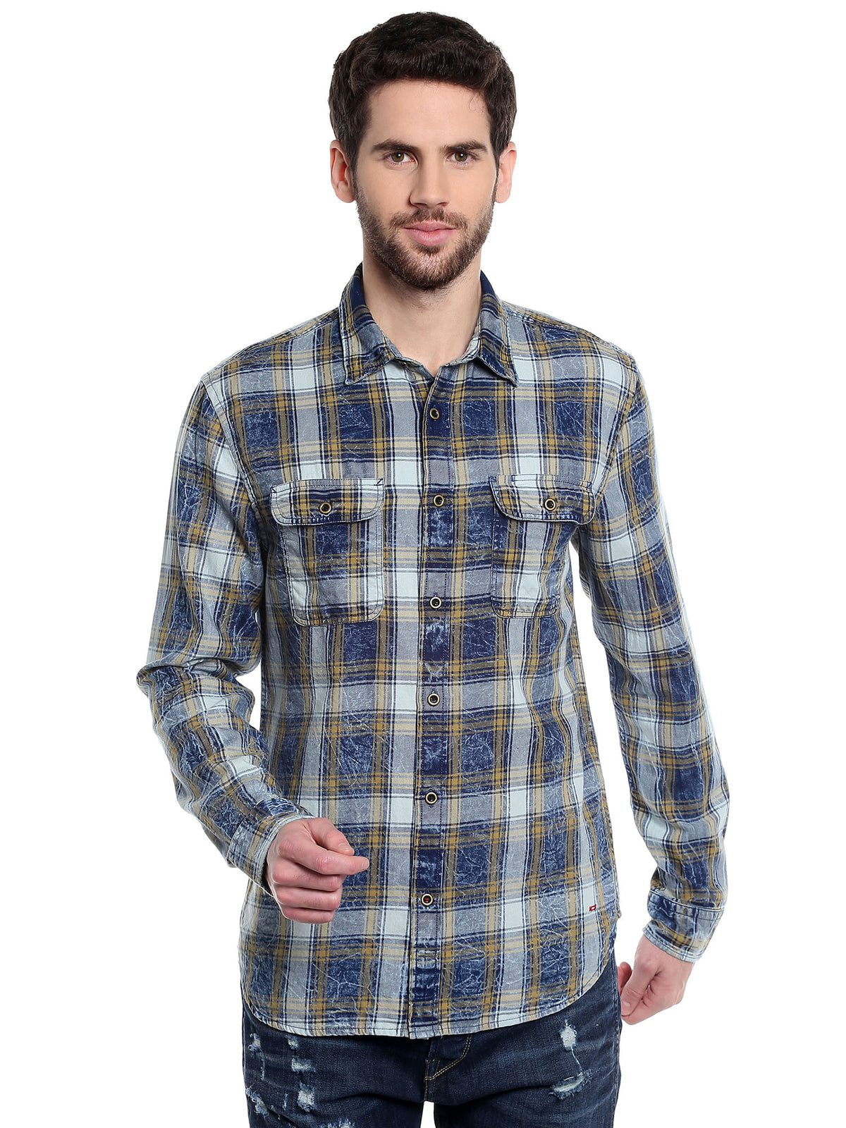 Beige Check Slim Fit Shirt - S