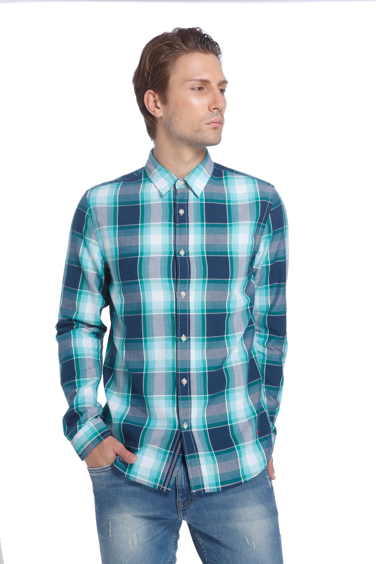 Turquoise Check Slim Fit Shirt - S