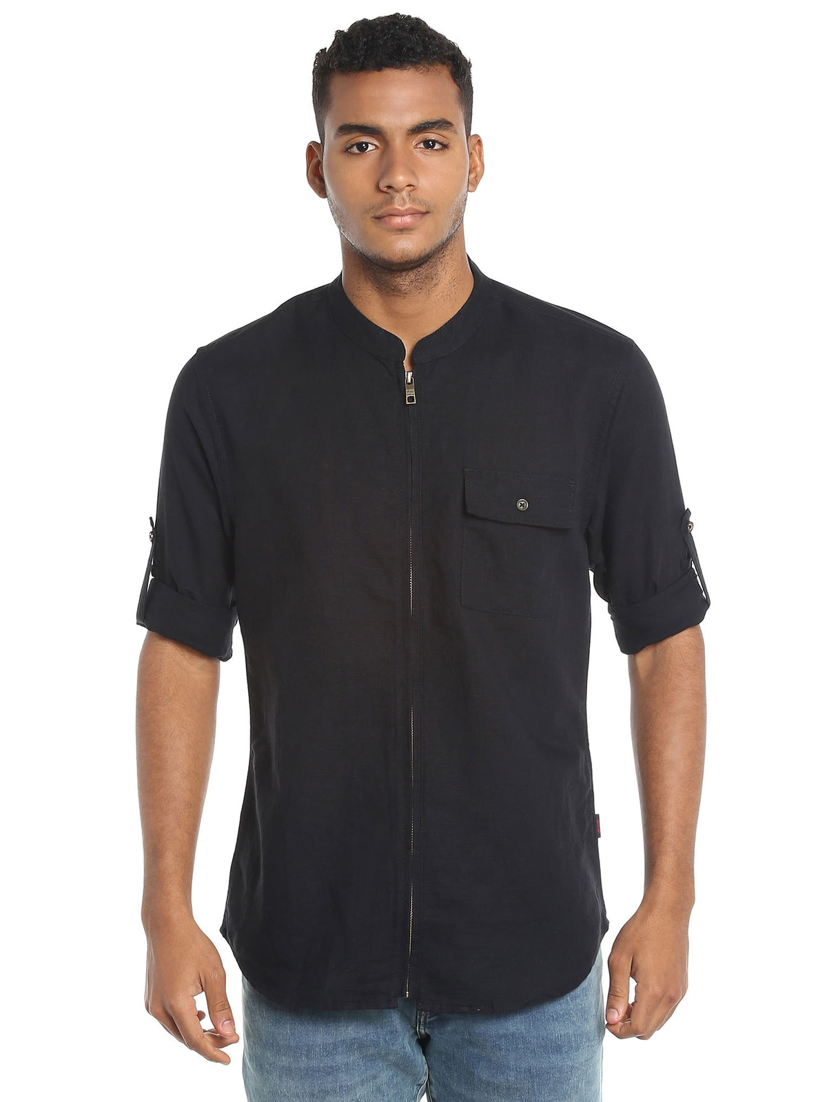 Black Linen Zip Up Slim Fit Shirt - S