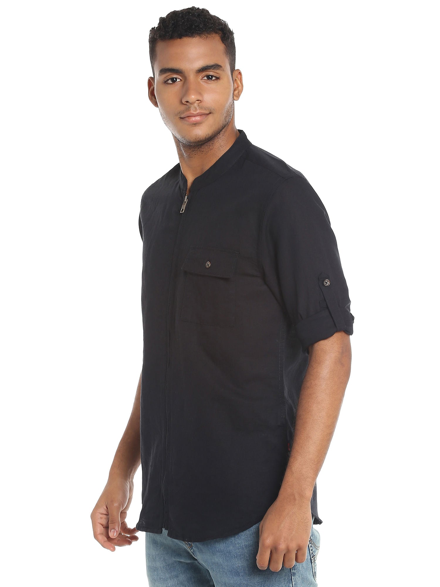 Black Linen Zip Up Slim Fit Shirt