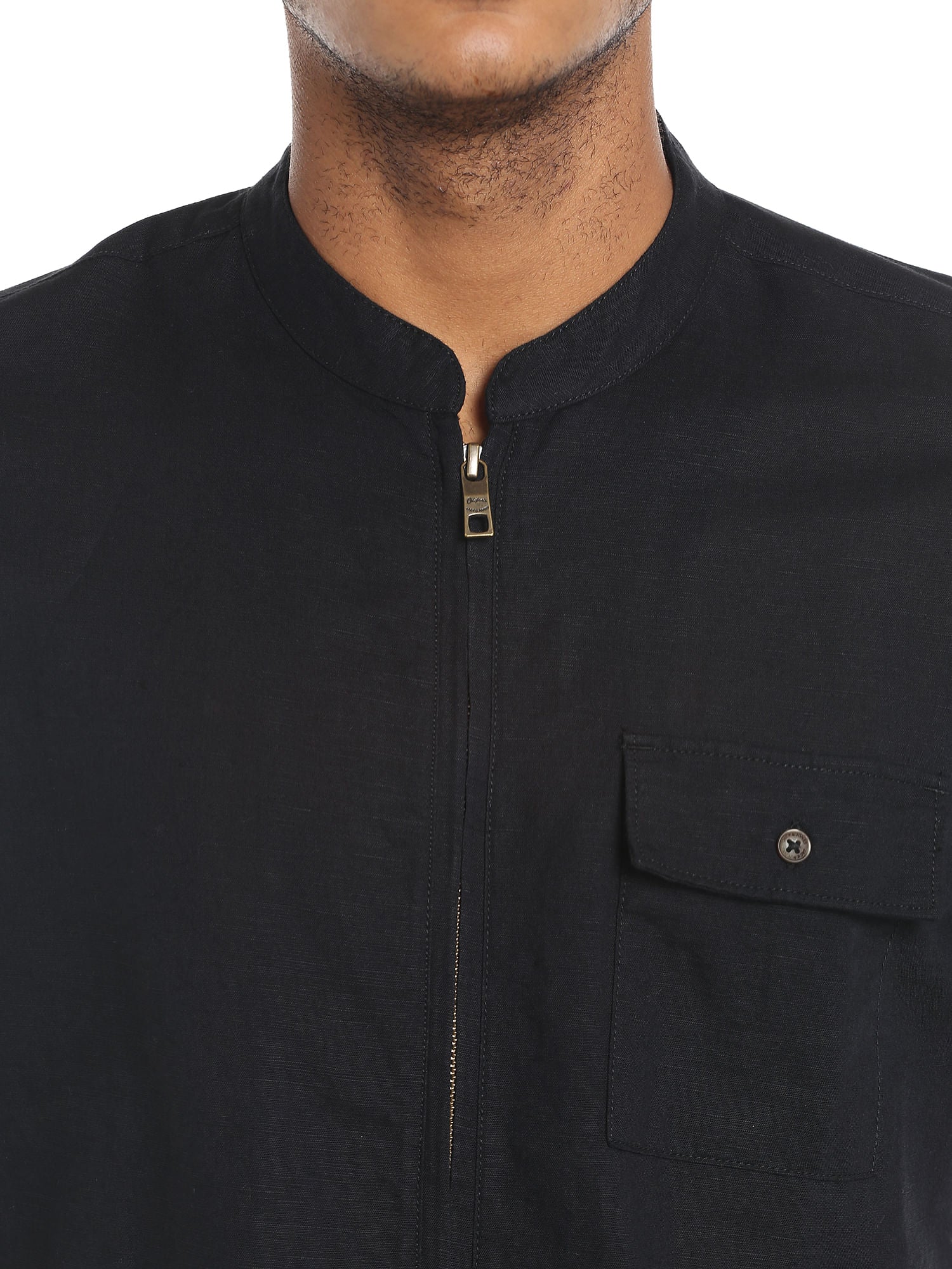 Black Linen Zip Up Slim Fit Shirt