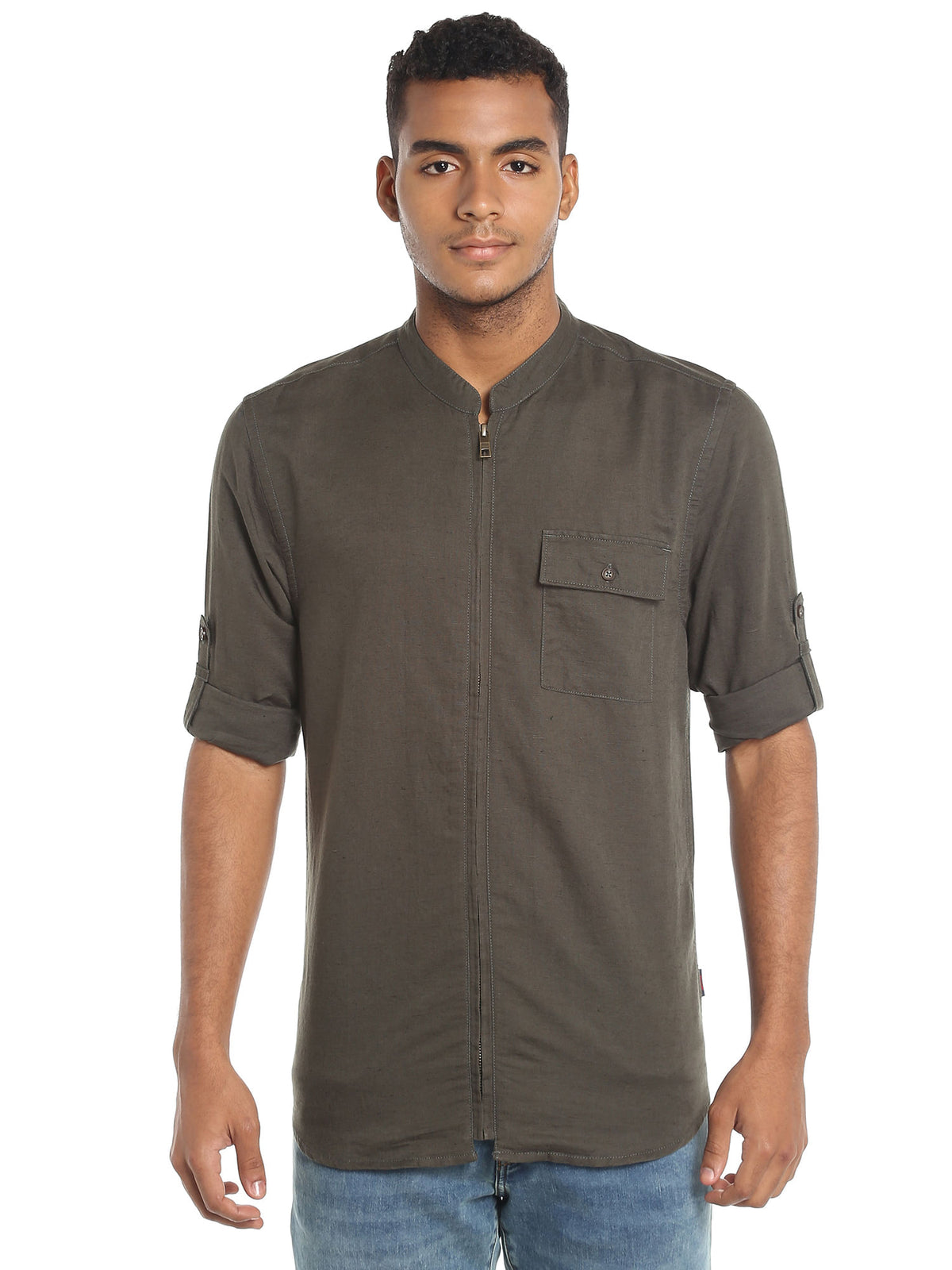 Dark Grey Zip Up Linen Shirt - S