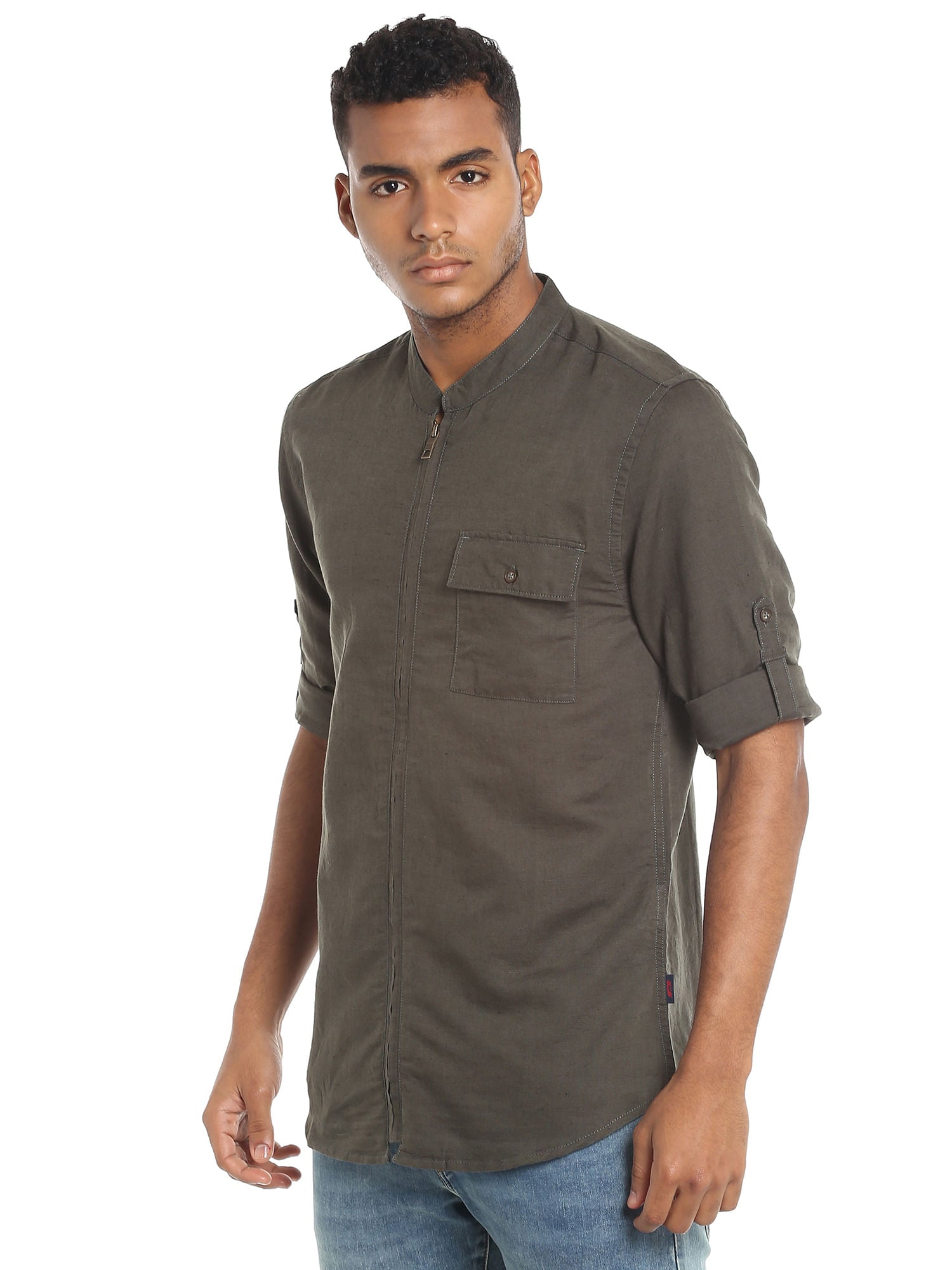 Dark Grey Zip Up Linen Shirt