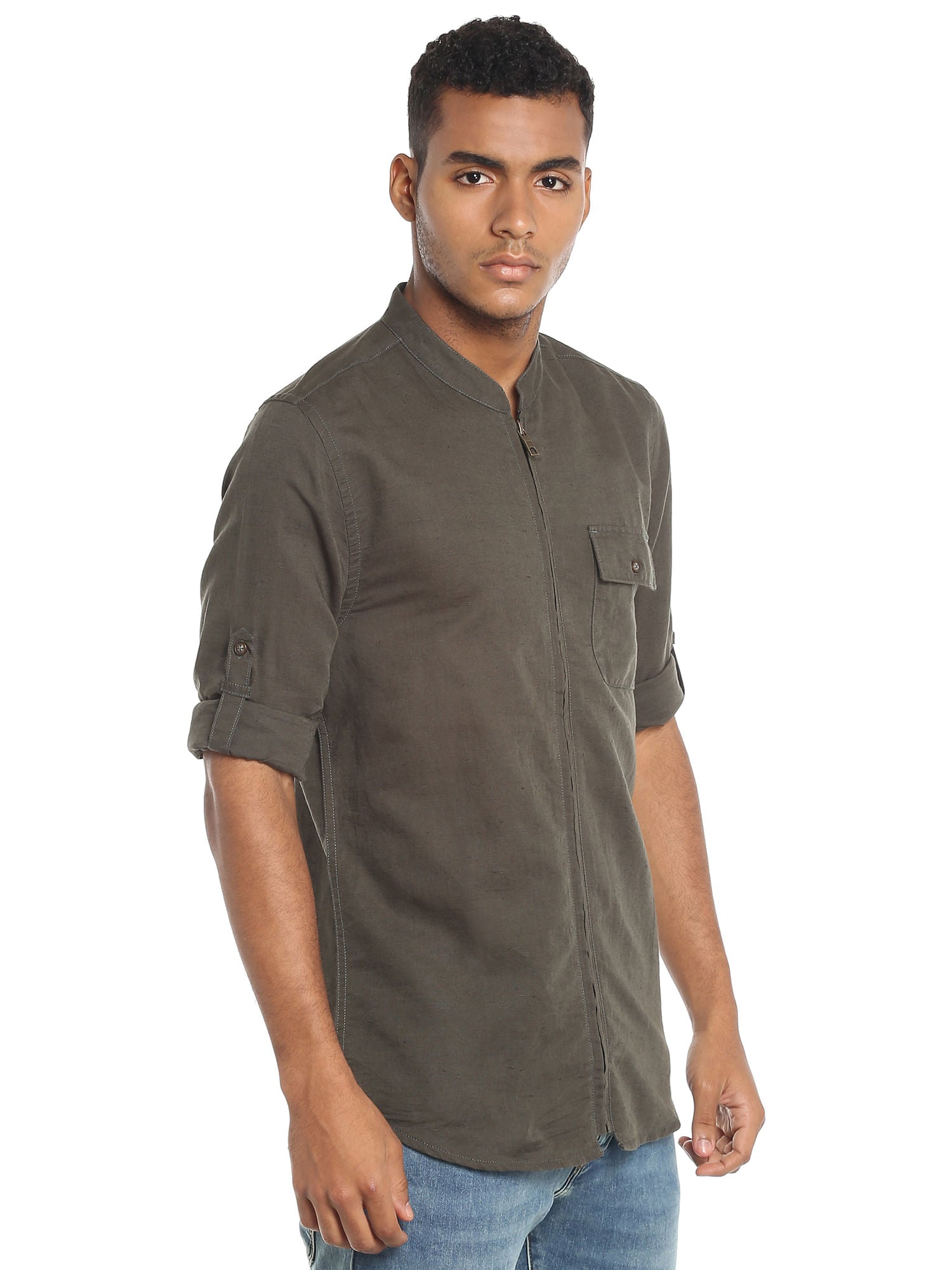 Dark Grey Zip Up Linen Shirt