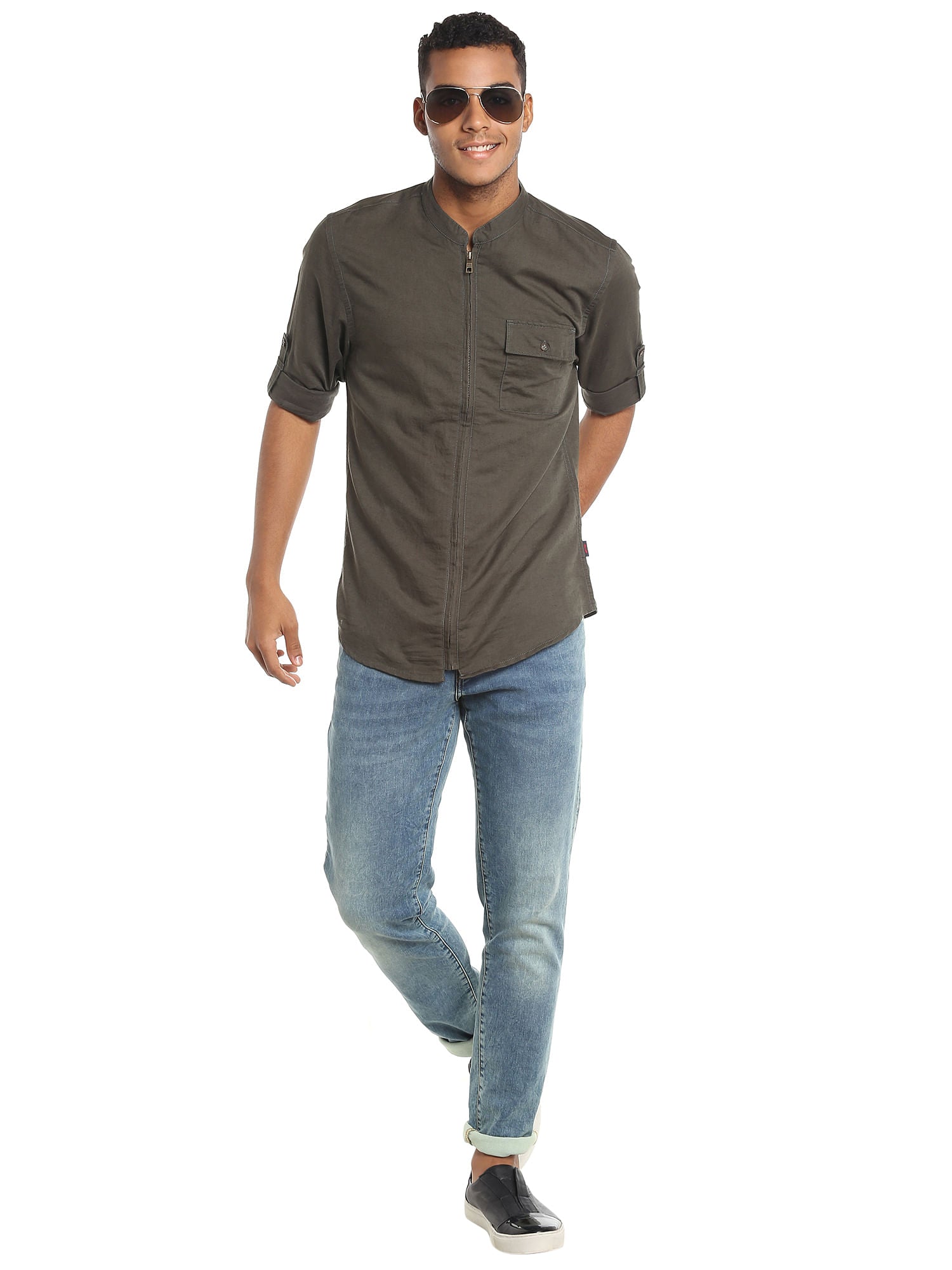 Dark Grey Zip Up Linen Shirt