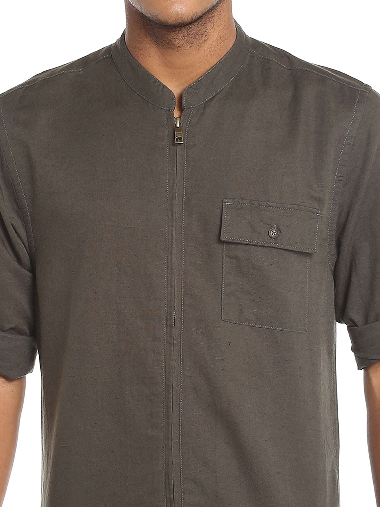 Dark Grey Zip Up Linen Shirt