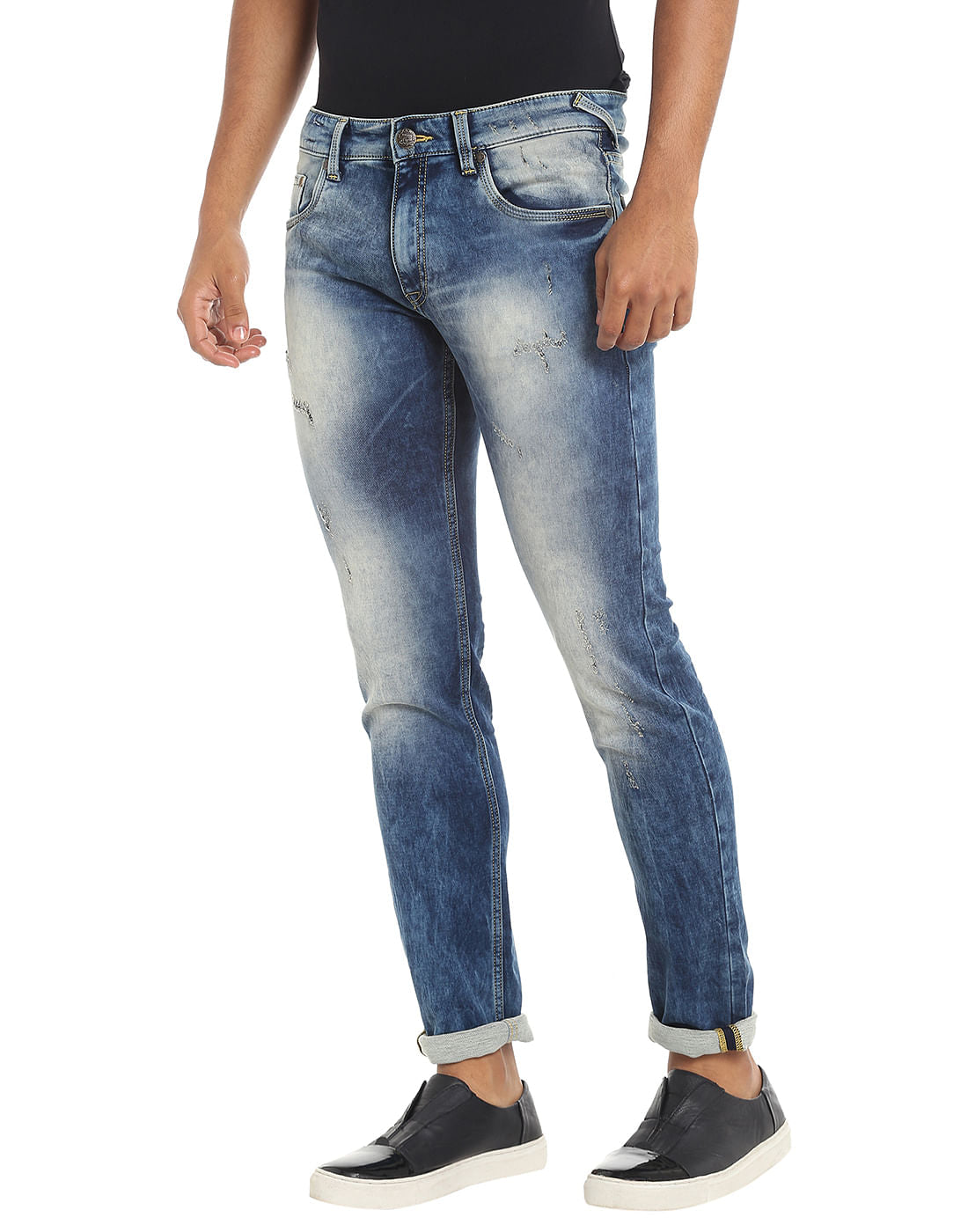 Blue Distressed Low Rise Slim Fit Jeans