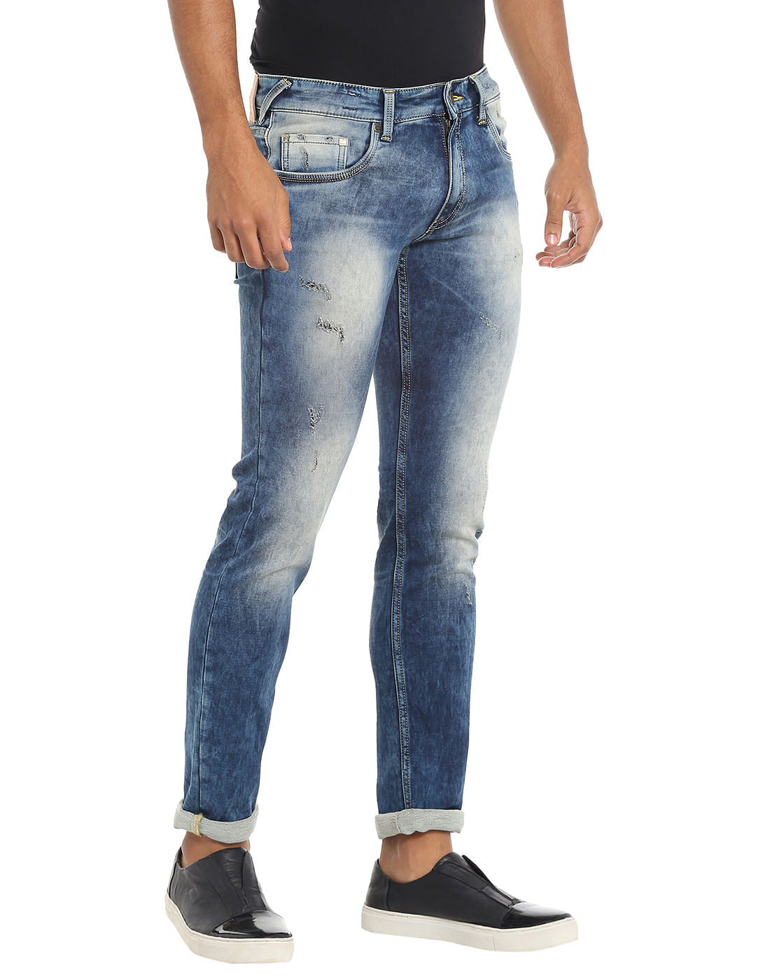 Blue Distressed Low Rise Slim Fit Jeans