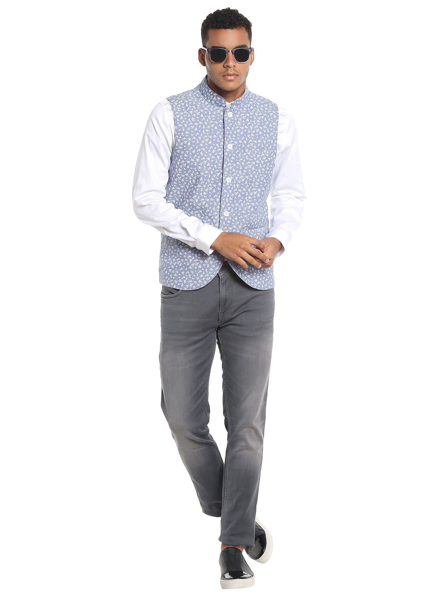 Blue Chambray Printed Waistcoat