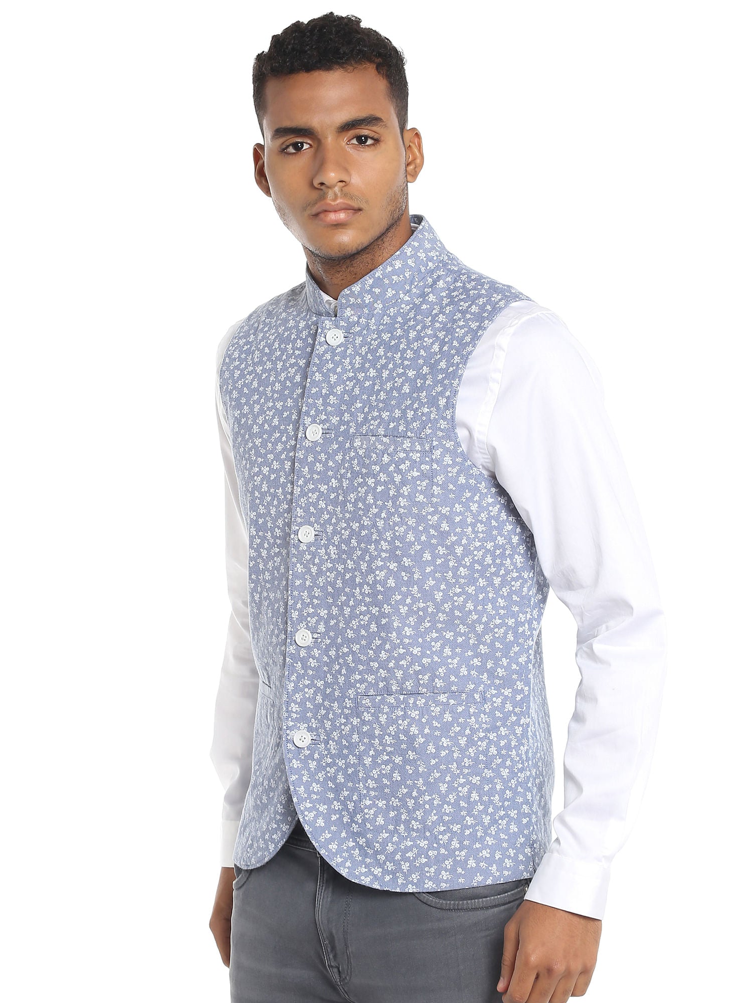 Blue Chambray Printed Waistcoat