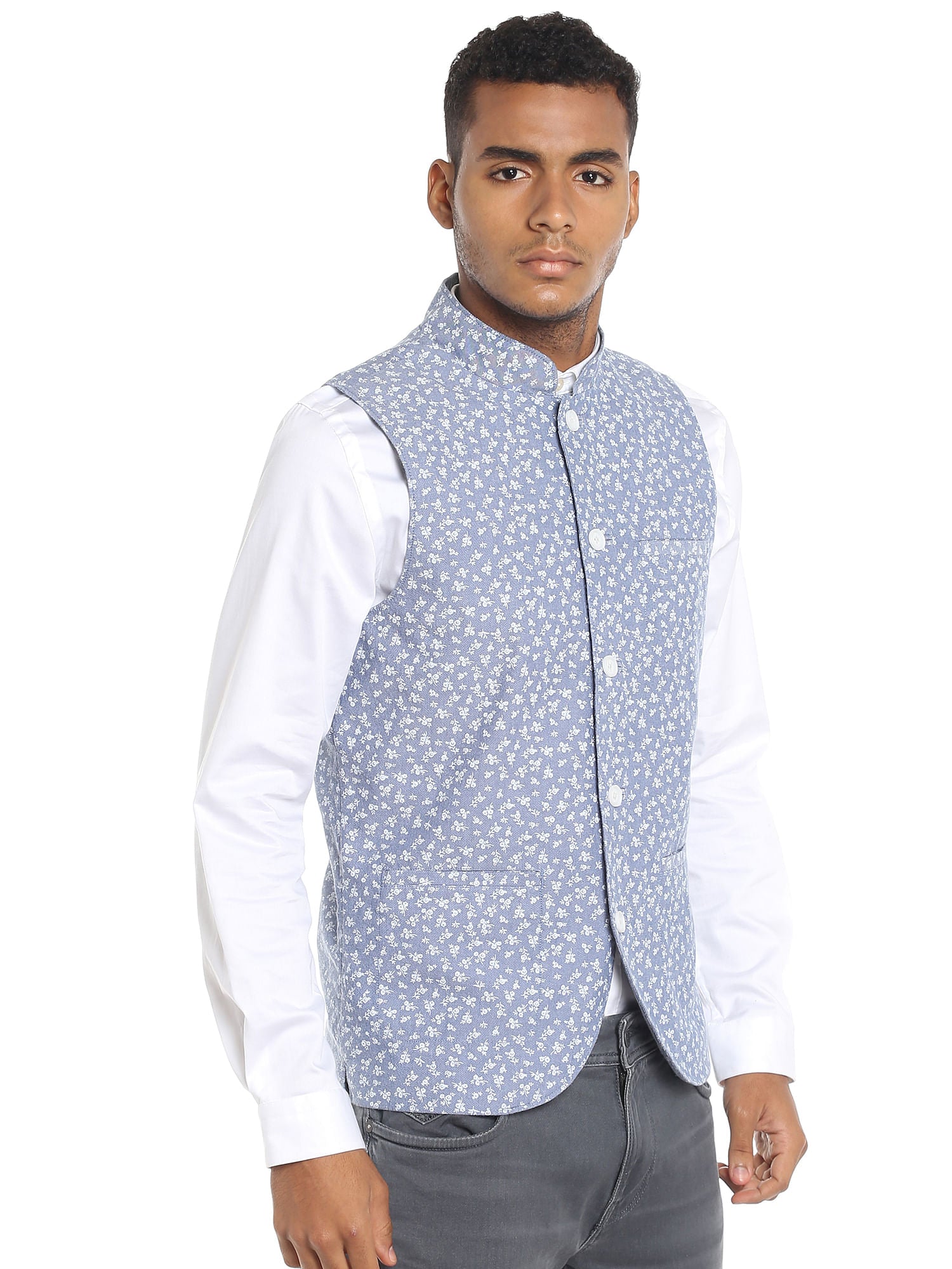 Blue Chambray Printed Waistcoat
