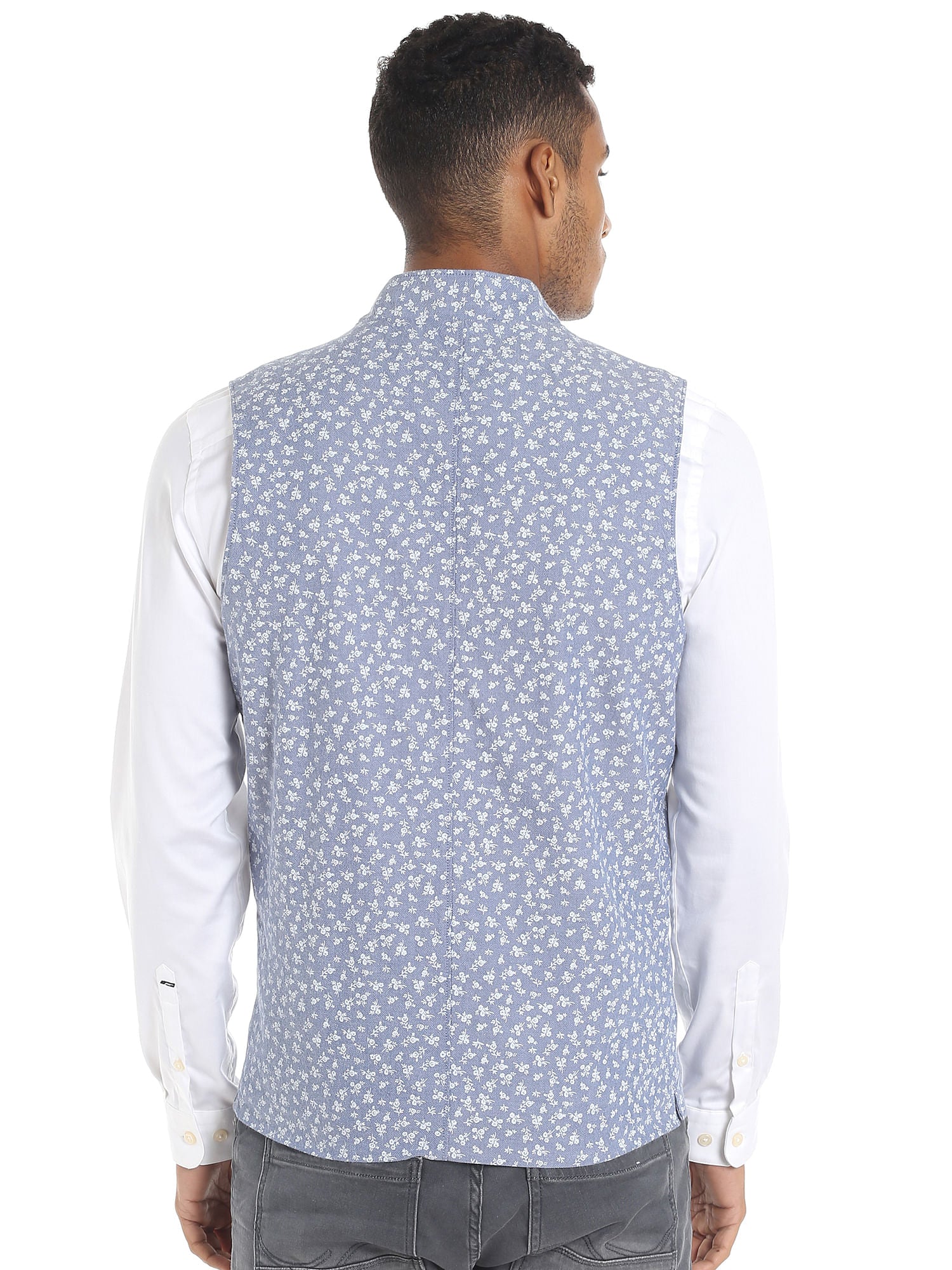 Blue Chambray Printed Waistcoat
