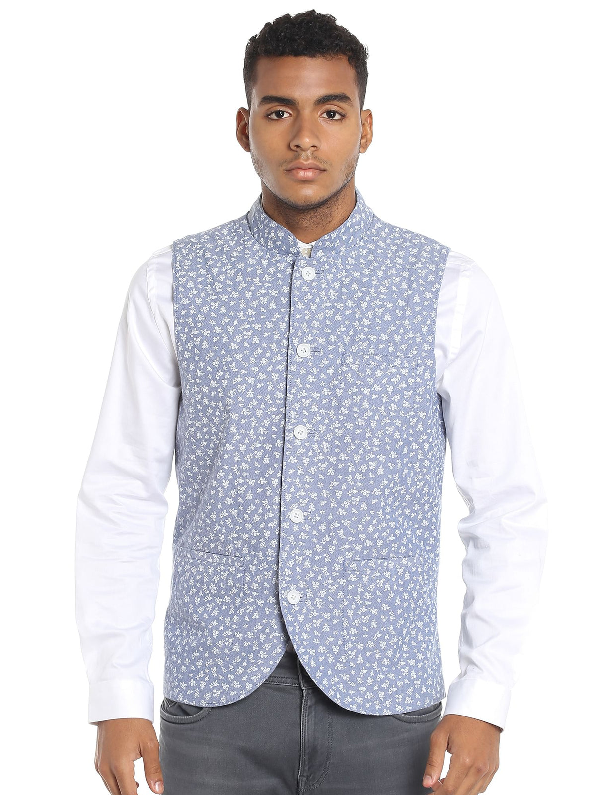 Blue Chambray Printed Waistcoat - 46