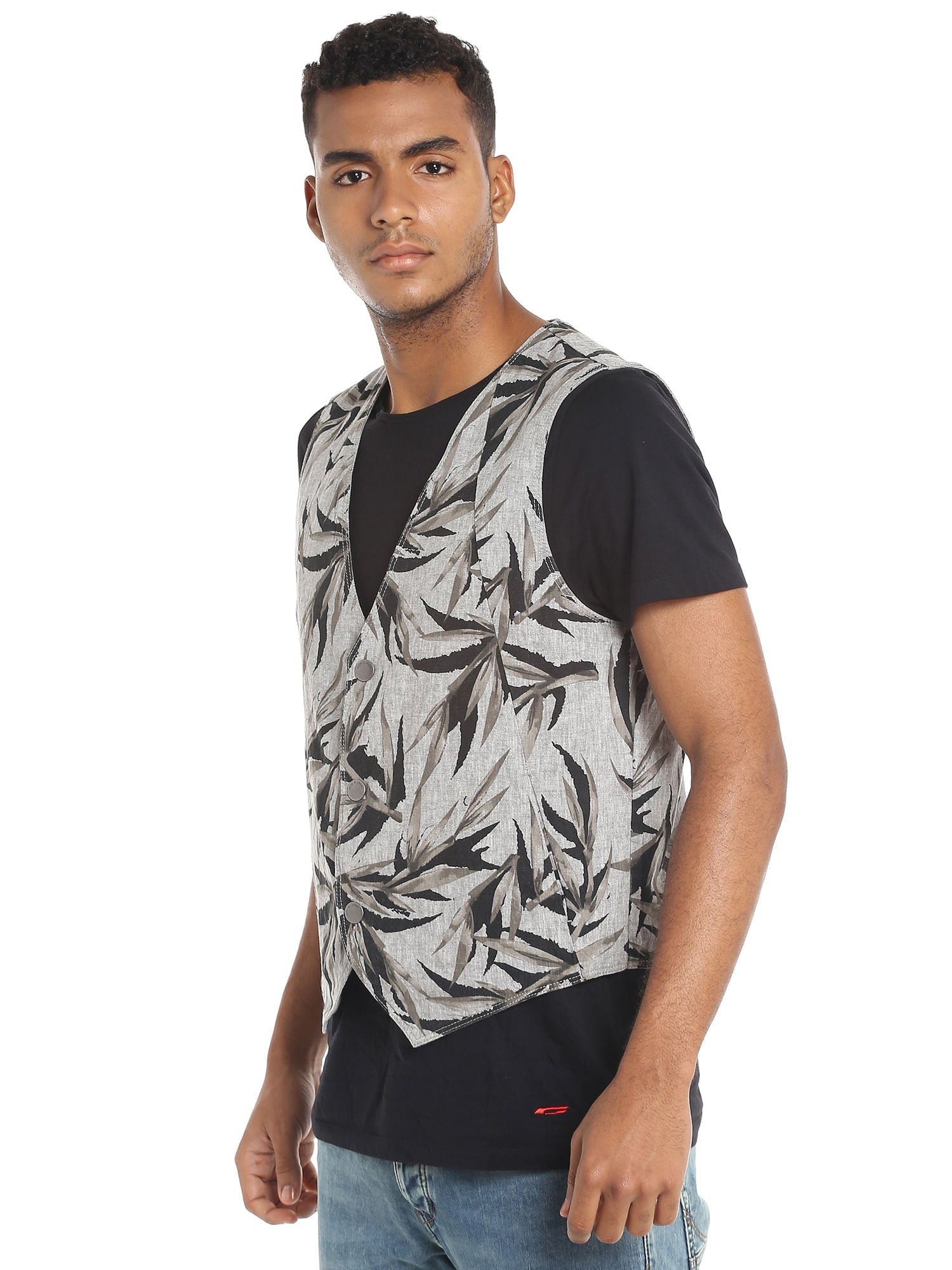 Black Leaf Print Waistcoat