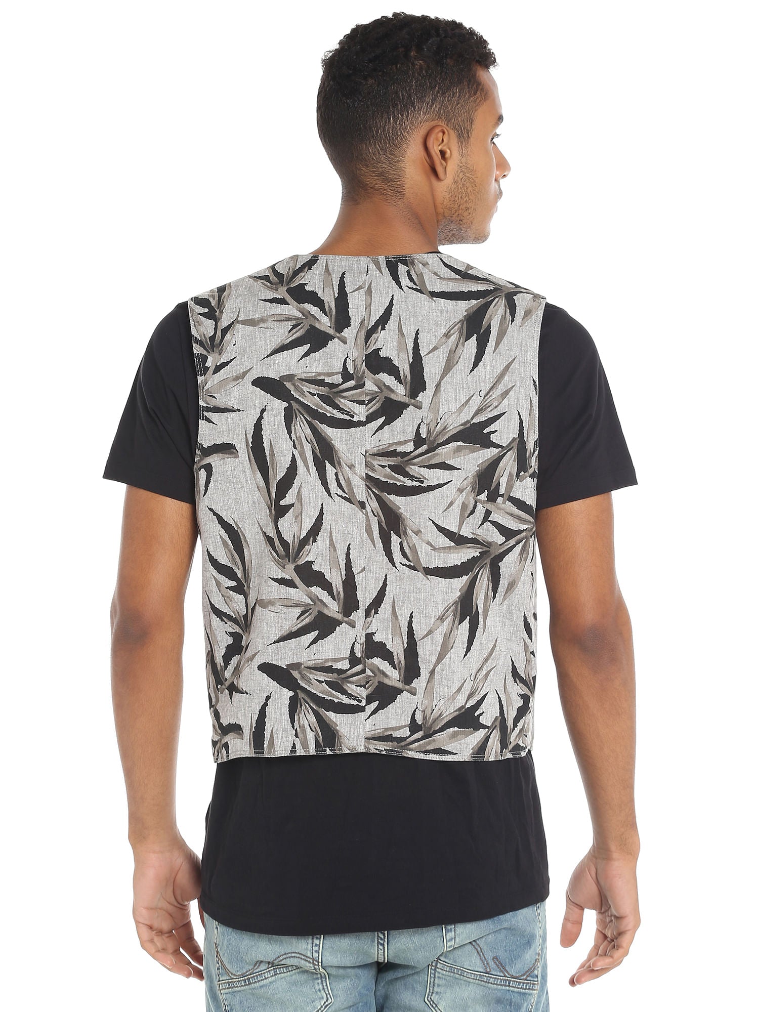 Black Leaf Print Waistcoat