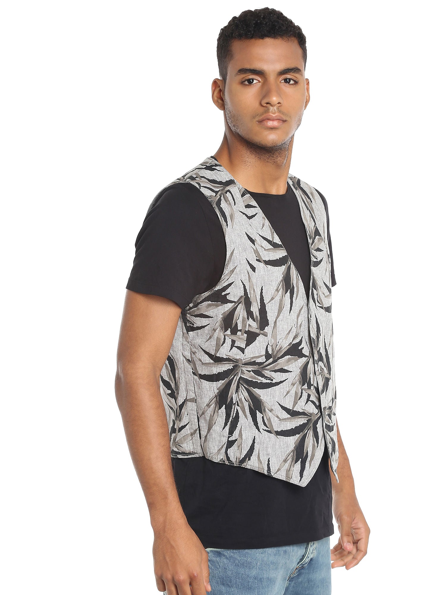 Black Leaf Print Waistcoat
