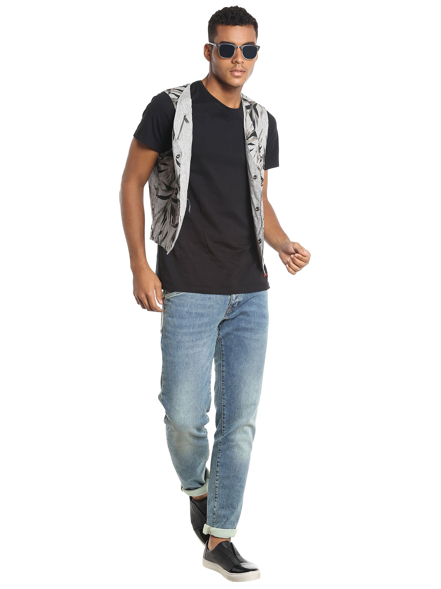 Black Leaf Print Waistcoat