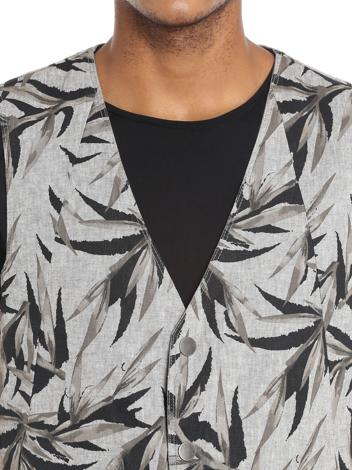 Black Leaf Print Waistcoat