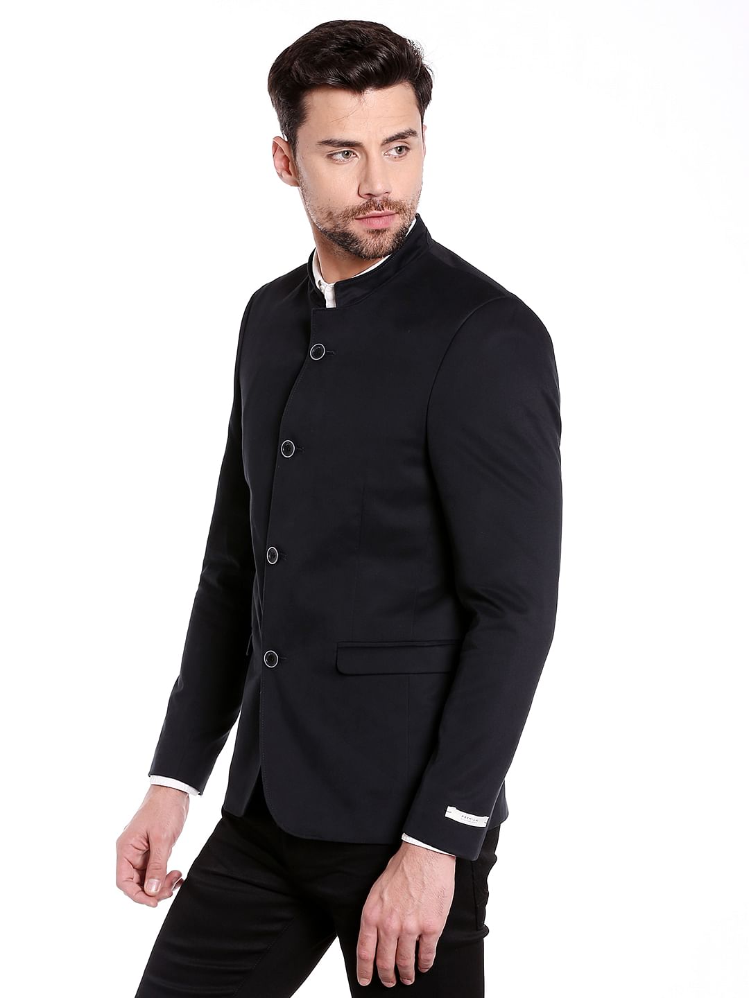 Dark Blue Mandarin Collar Blazer