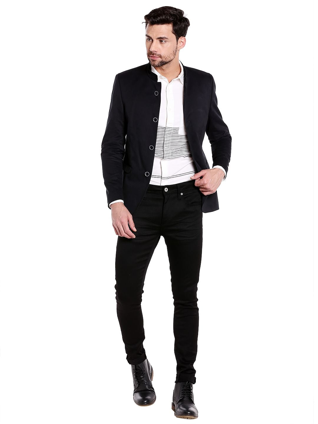 Dark Blue Mandarin Collar Blazer