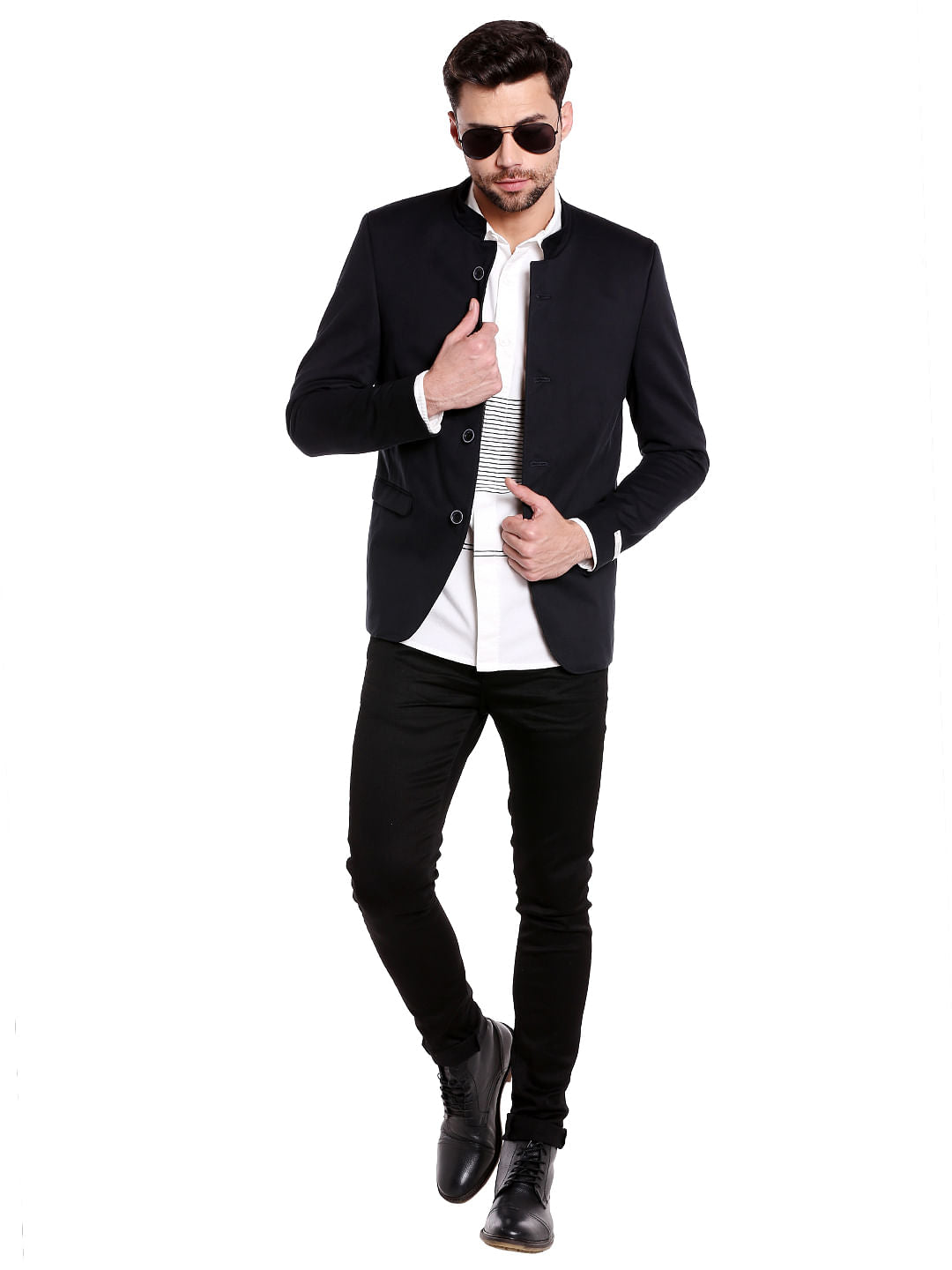 Dark Blue Mandarin Collar Blazer
