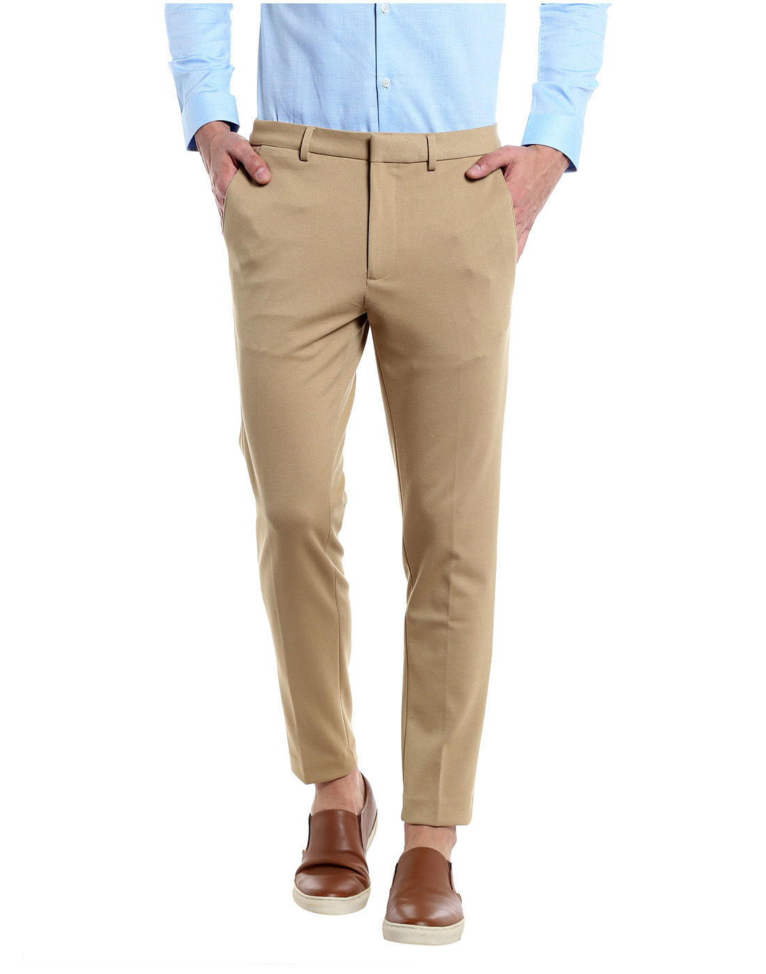 Beige Cropped Slim Fit Trousers - 46