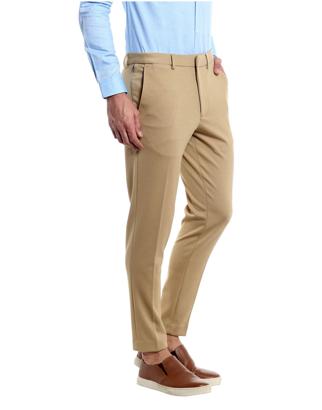 Beige Cropped Slim Fit Trousers