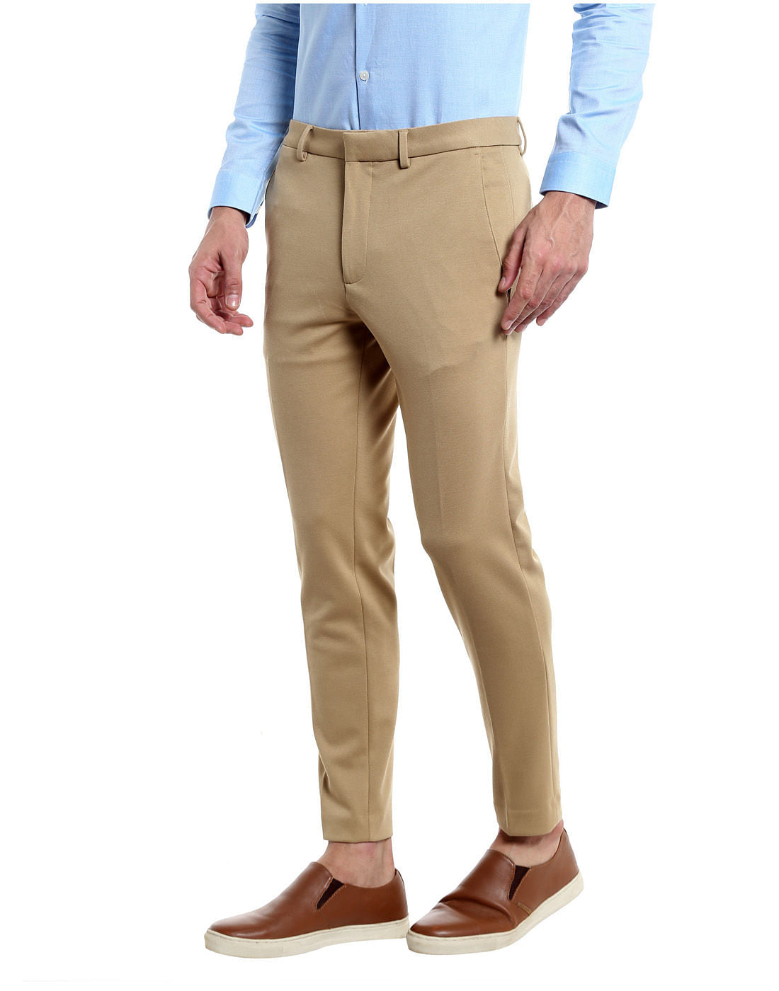Beige Cropped Slim Fit Trousers