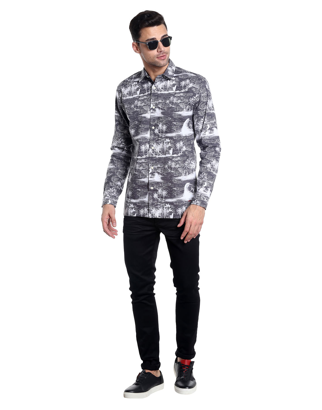 Grey Palm Tree Printed Slim Fit Shirt