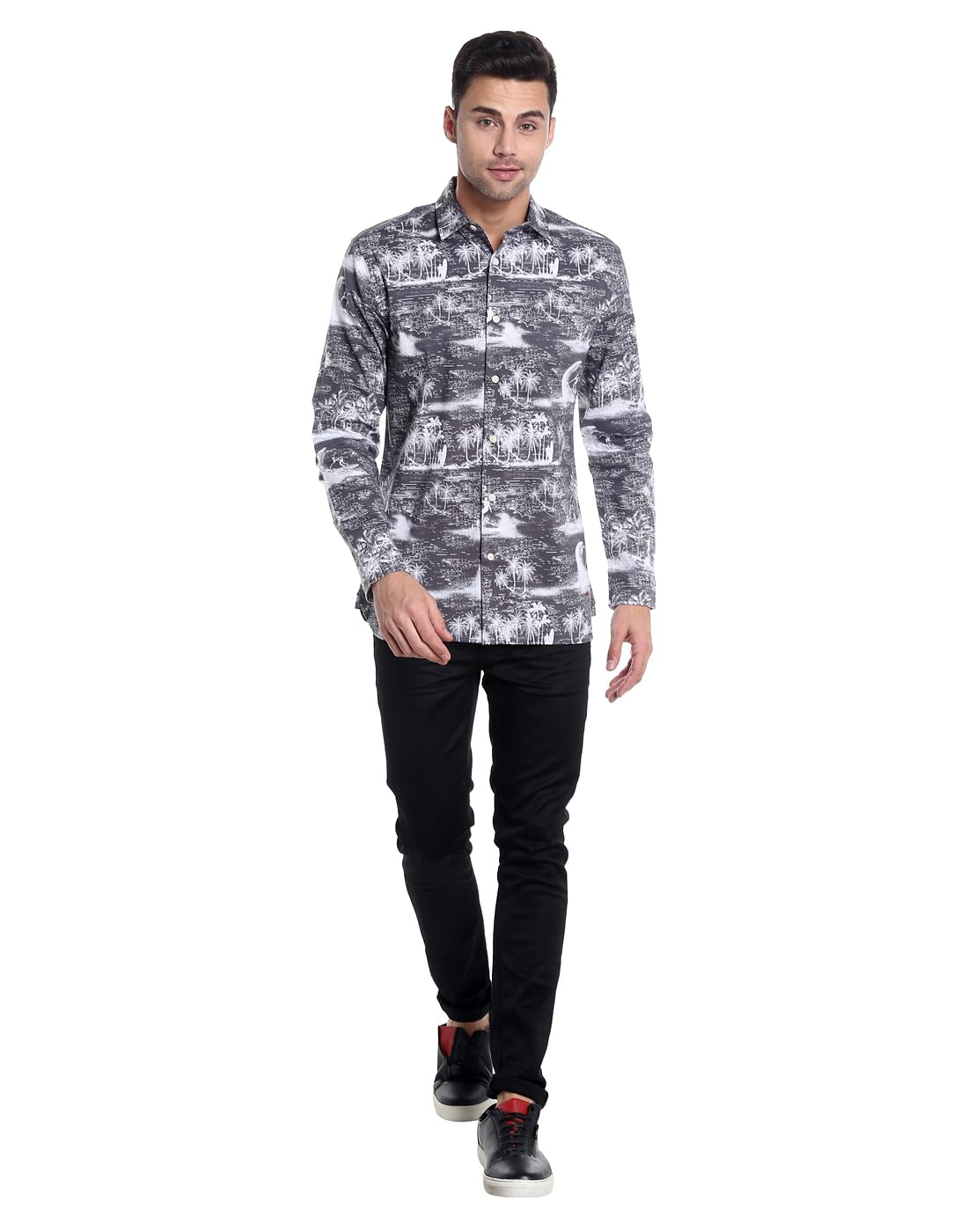 Grey Palm Tree Printed Slim Fit Shirt