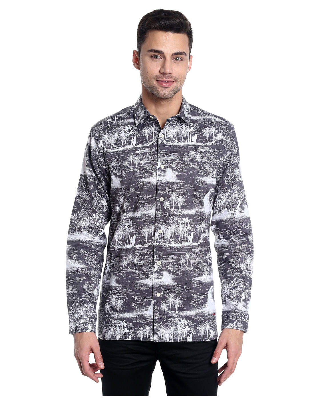 Grey Palm Tree Printed Slim Fit Shirt