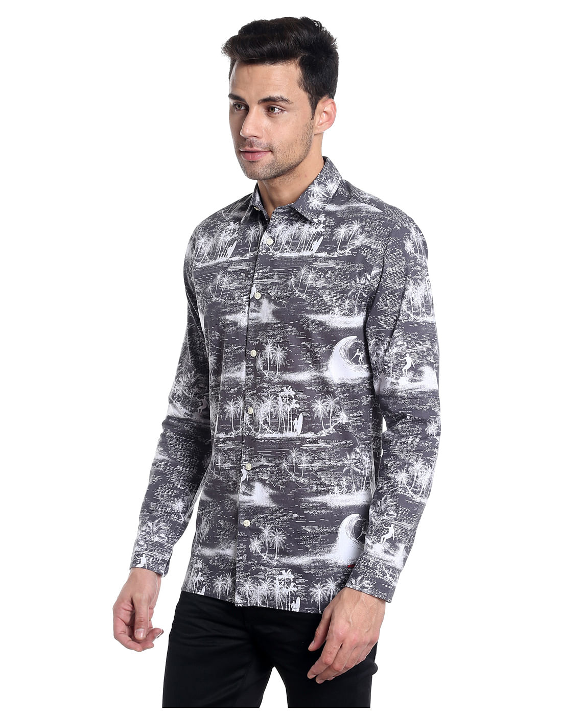 Grey Palm Tree Printed Slim Fit Shirt