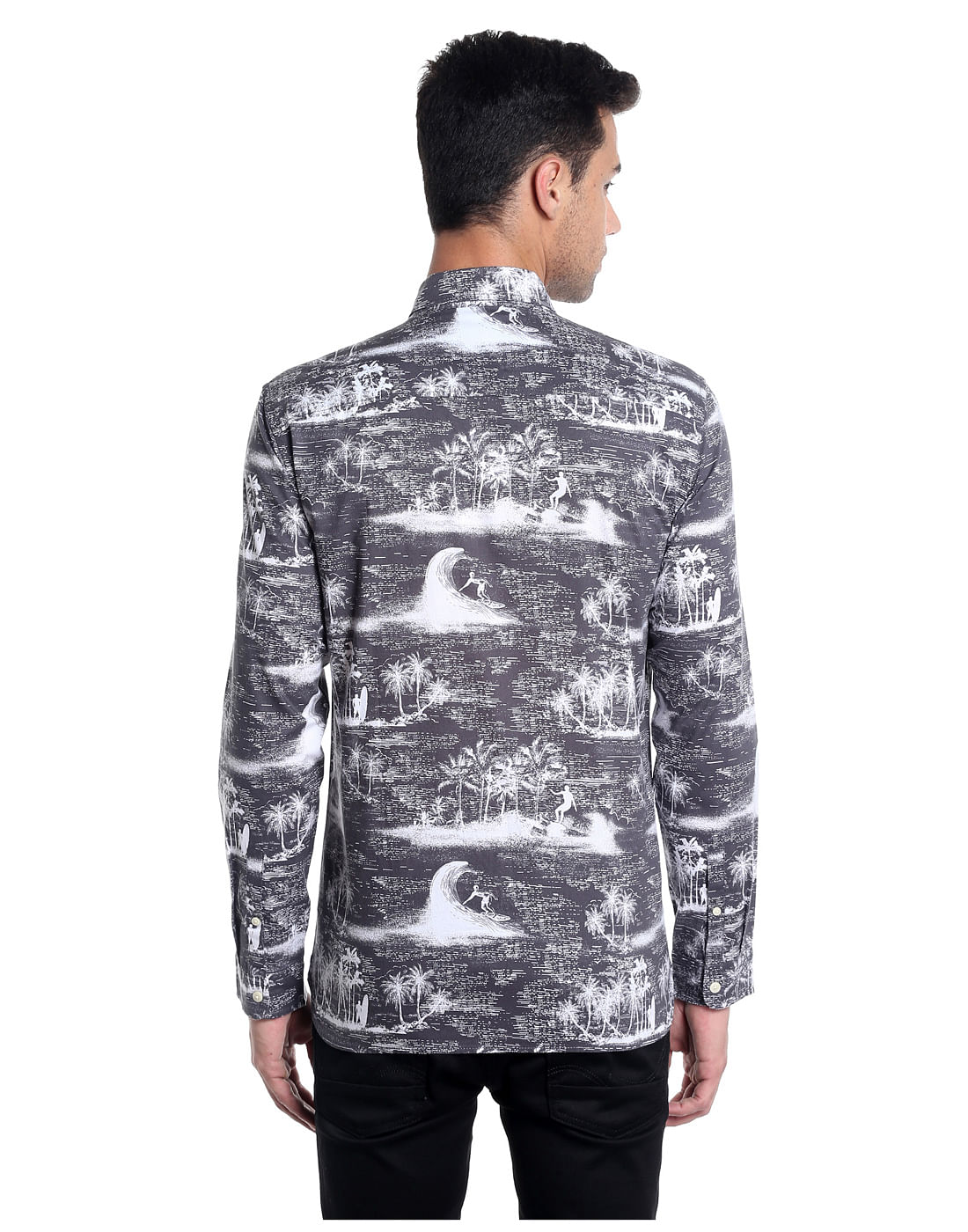 Grey Palm Tree Printed Slim Fit Shirt