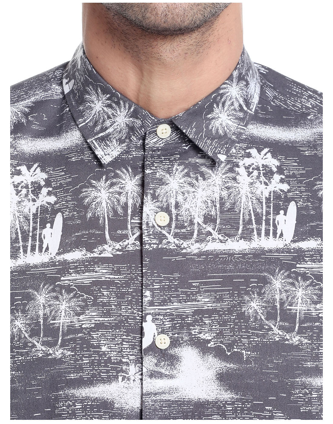 Grey Palm Tree Printed Slim Fit Shirt