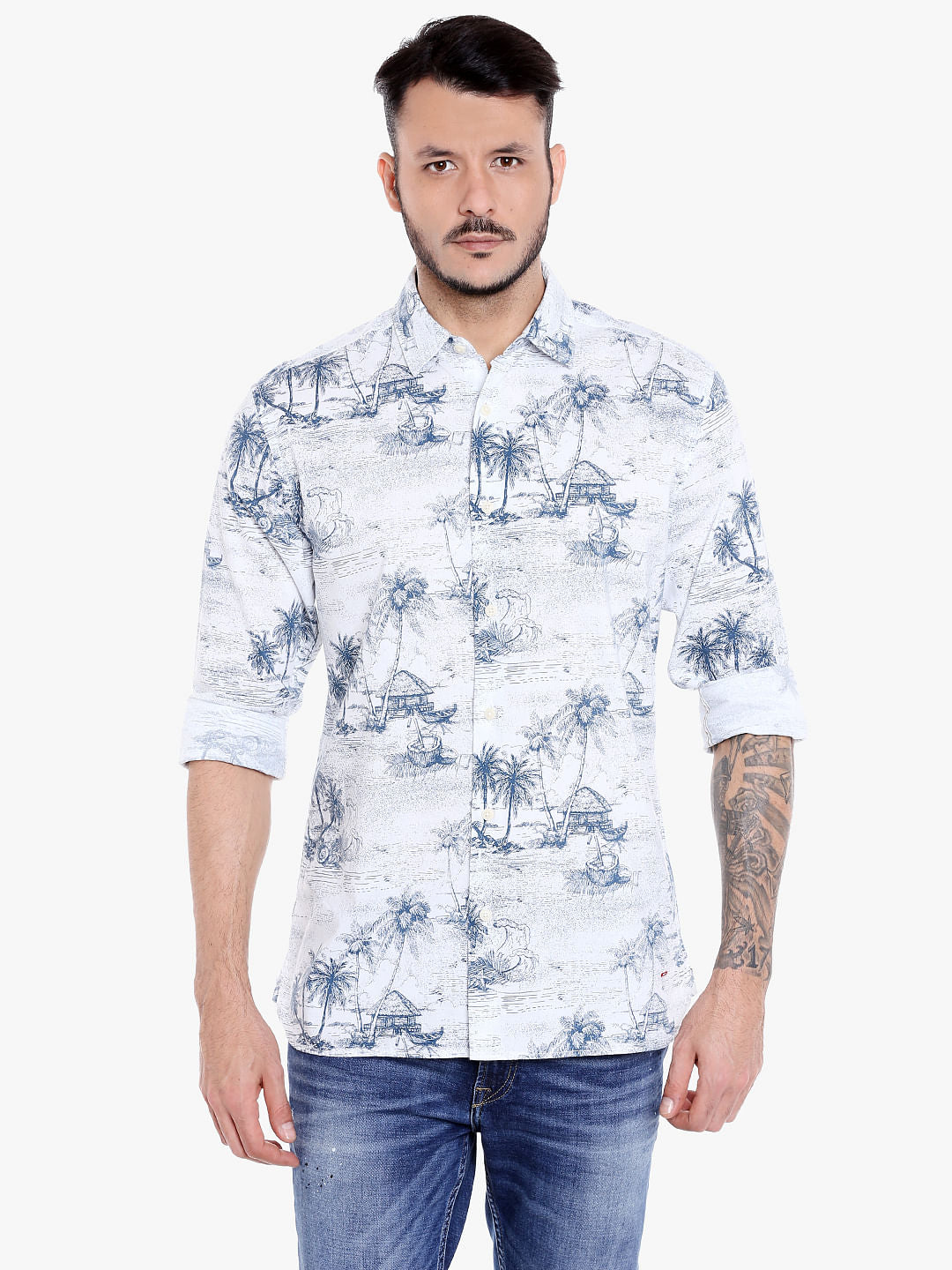 White Palm Tree Printed Slim Fit Shirt