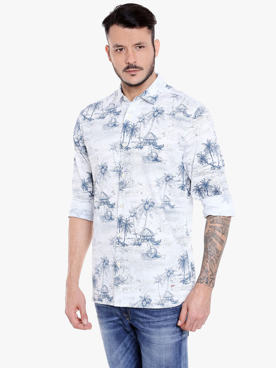 White Palm Tree Printed Slim Fit Shirt
