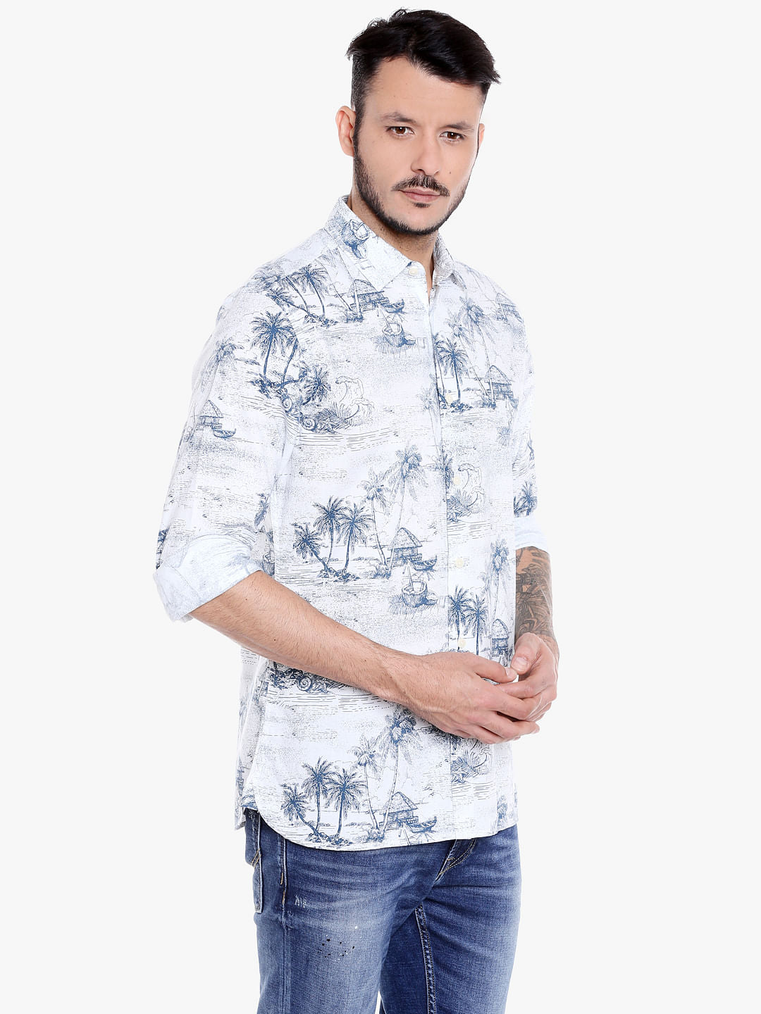 White Palm Tree Printed Slim Fit Shirt