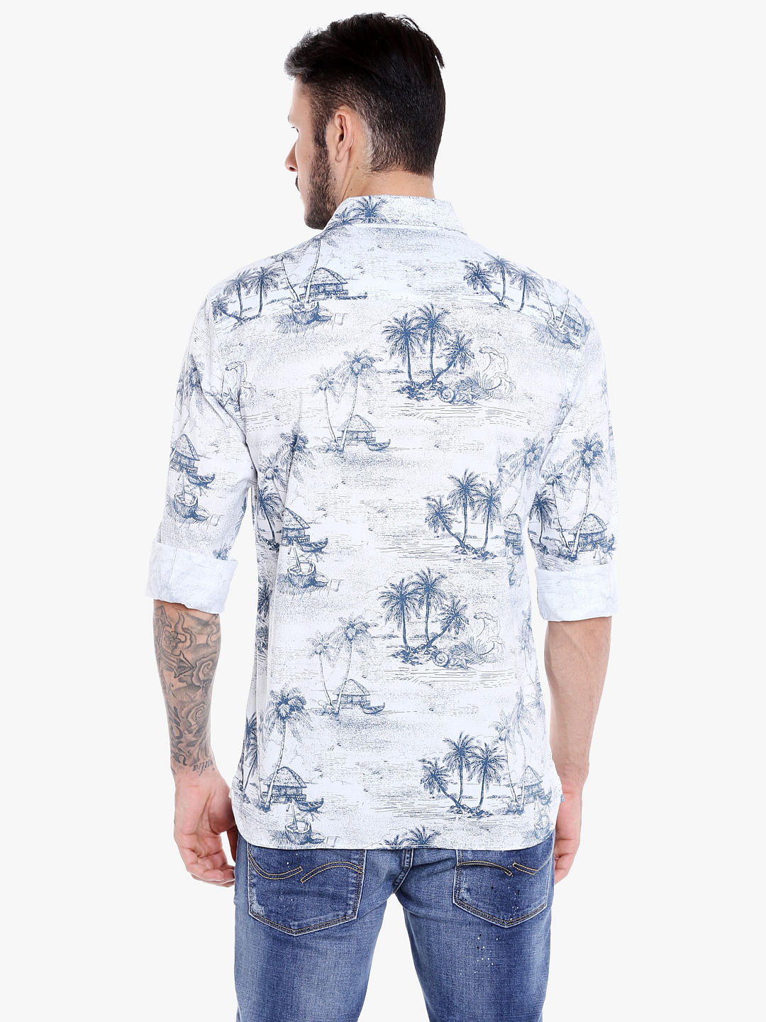 White Palm Tree Printed Slim Fit Shirt